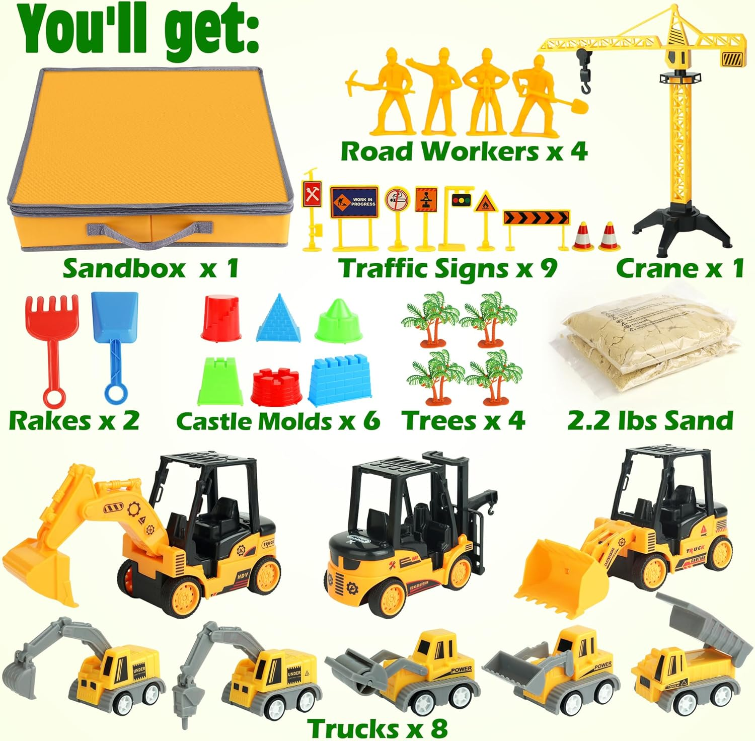 Billeeit Sand Construction Kit with a Big Foldable Sandbox and 2.2Lbs Magic Sand, Truck Sand Construction Toys Including Castle Molds and Other Accessories 36Pcs Total, Play Sand Art Set for Kids 3+ image number 2