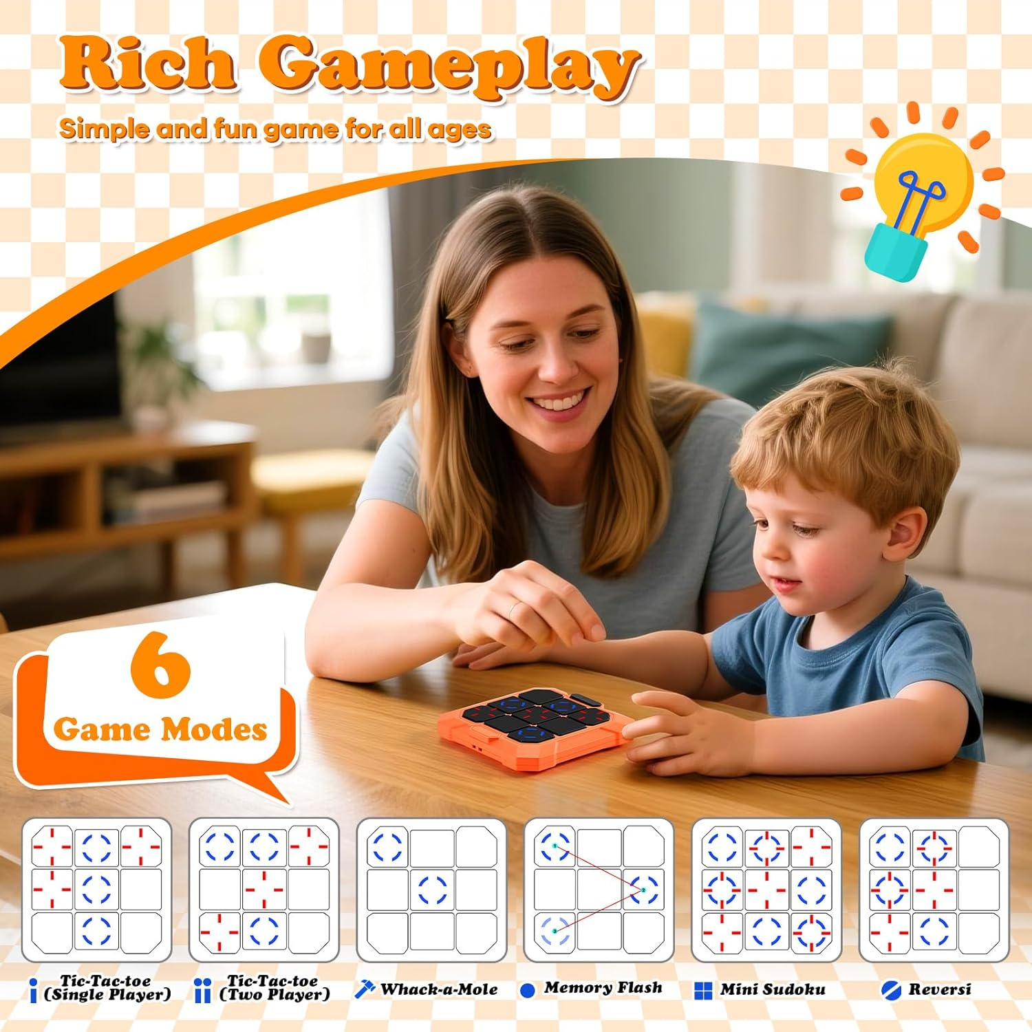 Blueswan 6 in 1 Tic-Tac-Toe Handheld Game, Rechargeable Memory & Brain Puzzle Games Console, Electronic Board Games Fidget Toys for Kids Ages 4-12, Portable Travel Activities Queue Time image number 2