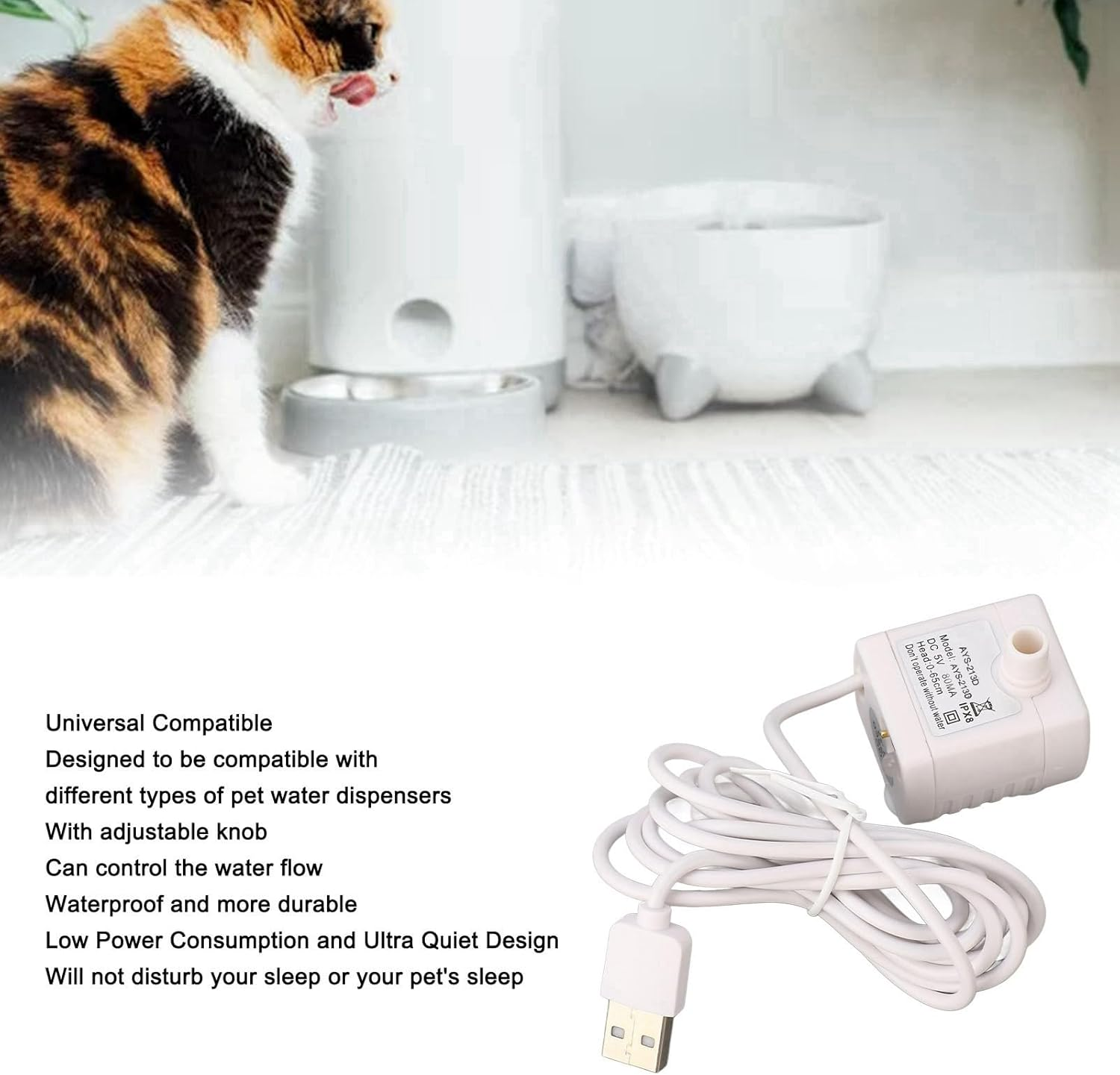 OVAQUIXI Cat Water Fountain Pump, Pet Water Dispenser Replacement Pump USB Powered DC Brushless Motor image number 1