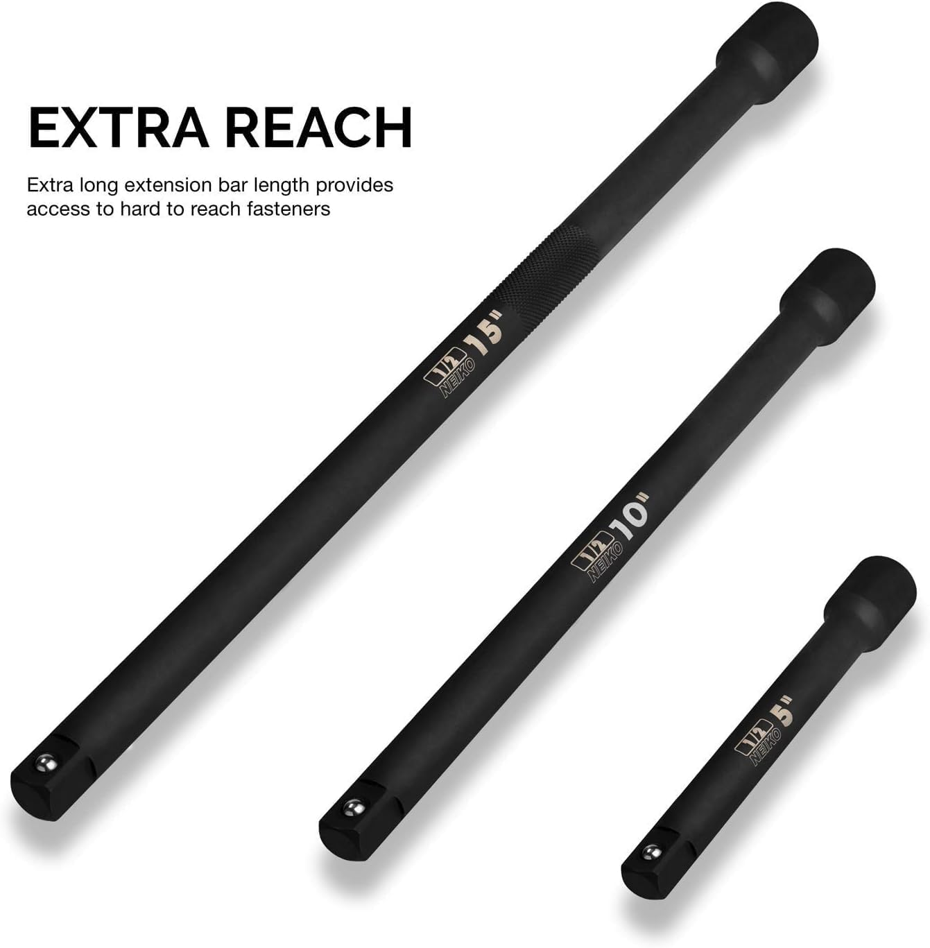 Neiko 00256A 1/2-Inch Drive Impact Extension Bar and Adapter Set, 5-Piece | Includes 5, 10, 15-Inch Extension Bars, Universal Joint, and Reducer image number 4