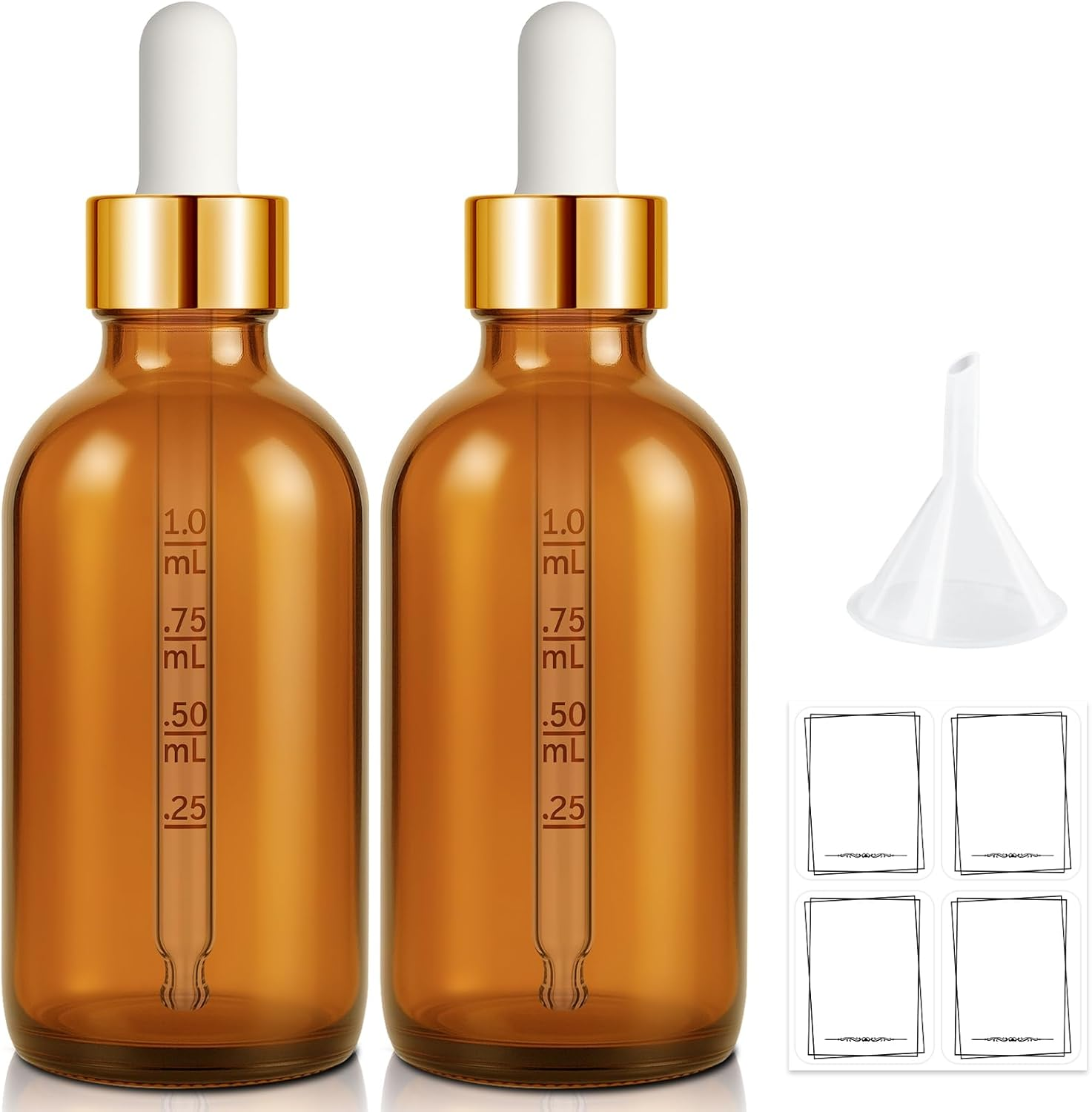 Bumobum Dropper Bottle 2 Oz, 2 Pack Amber Glass Eye Dropper Bottles with Golden Cap, Labels and Funnel, Tincture Bottle with Measured Cosmetic Dropper - Leakproof Essential Oils Bottles