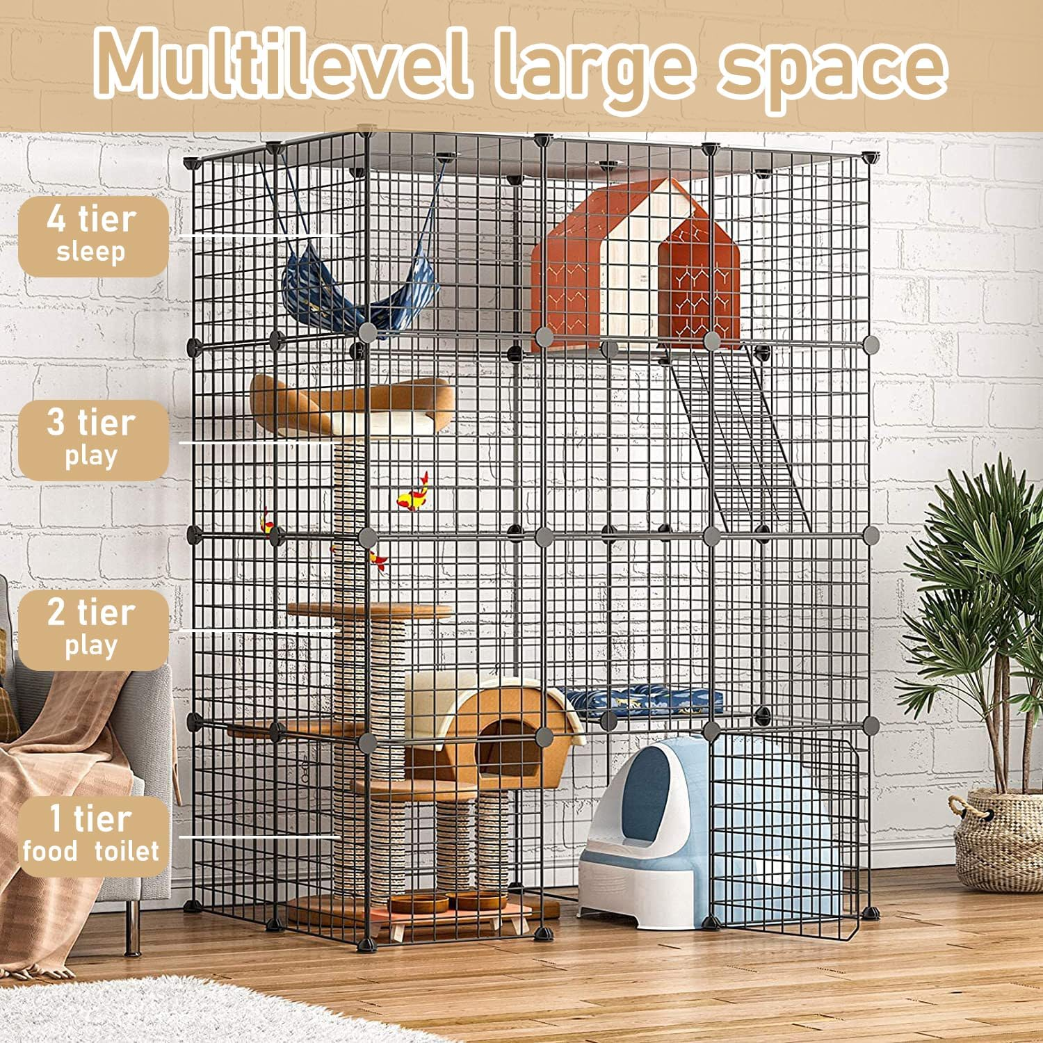 Uandhome 4 Tier 111Cm Cat Cage Large Enclosures with Hammock Detachable Metal Wire Crate Kennels Indoor/Outdoor Small Animal House Fence for 1-4 Cats,Diy Pet Crate Playpen(3 Columns and 2 Rows) (1) image number 4