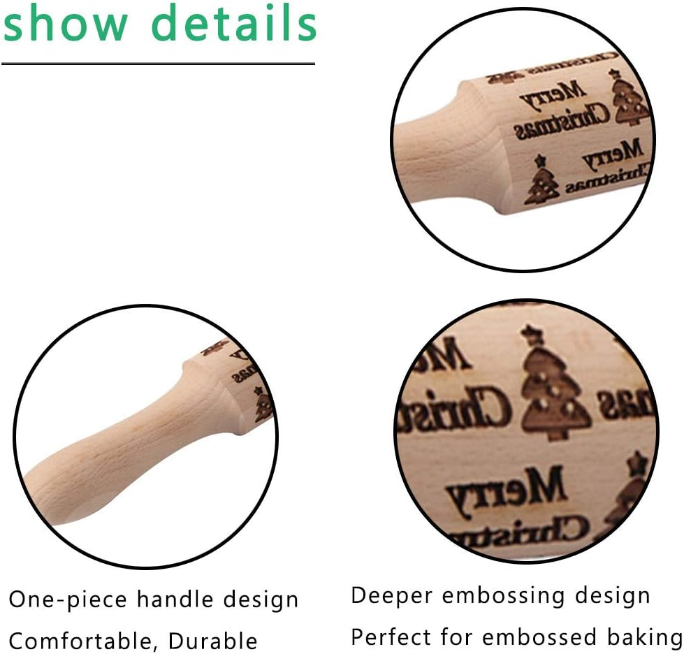 Dubom Christmas Wooden Rolling Pins - Engraved Embossing Rolling Pin with Christmas Deer Pattern for Baking Embossed Cookies,Rolling Pin Kitchen Tool (2 Pcs) - Christmas Tree image number 4