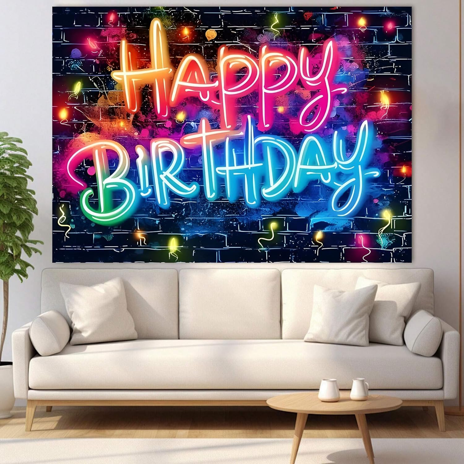 Neon Glow Happy Birthday Backdrop Banner,Glow in the Dark Brick Wall Funny Graffiti Colorful Painting Splatter Photo Background for Party Photos Shoot & Celebratory Decor (180 * 110Cm) image number 3