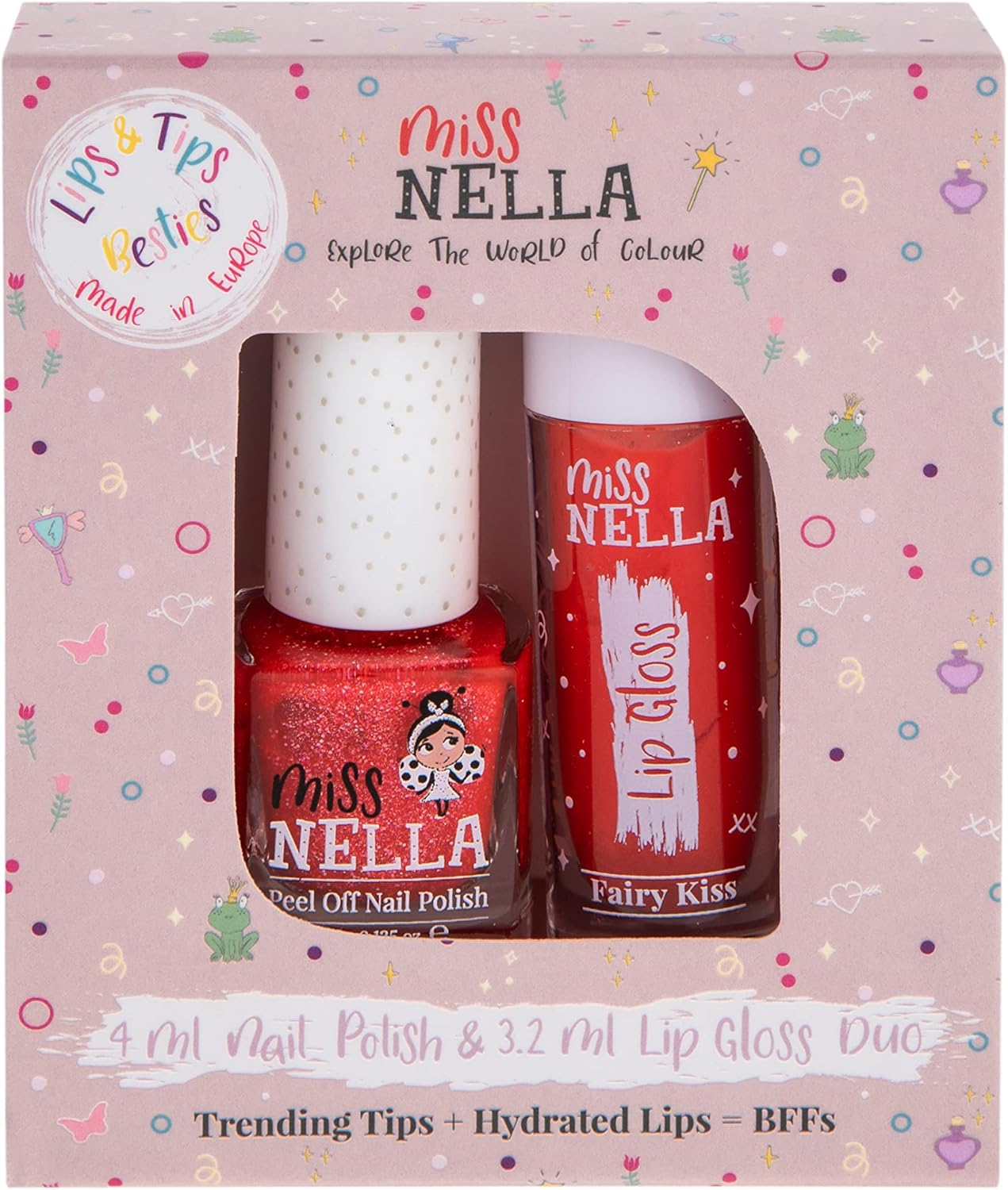 Miss Nella Fairy Kiss Lips & Tips Duo Scented Lip Gloss + Glitter Nail Polish for Children with Removable, Water-Based and Odour-Free Formula