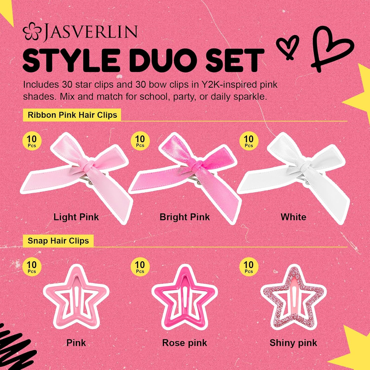 JASVERLIN 60Pcs Star Hair Clips & Mini Bows Y2K Accessories Set, Cute Bowknot Goth Snap Clip Hair Barrettes, 2000S Small Satin Bows for Women Girls (Pink Mixed Color) image number 5