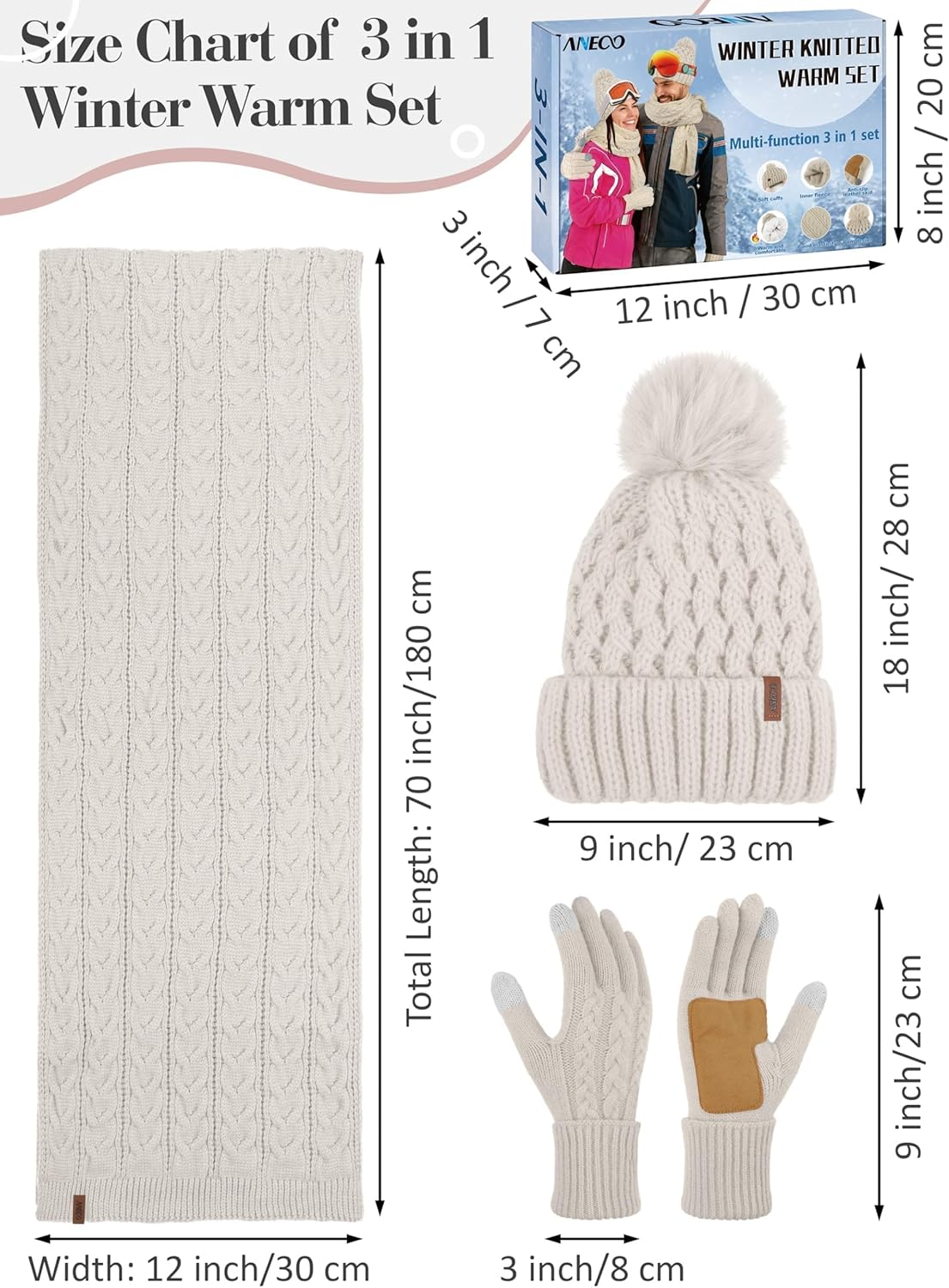 Aneco Women Winter Touchscreen Gloves Scarf Beanie Hat with Pom Pom Fleece Lined Set Thick Warm Knit Cap 3-In-1 Set image number 4