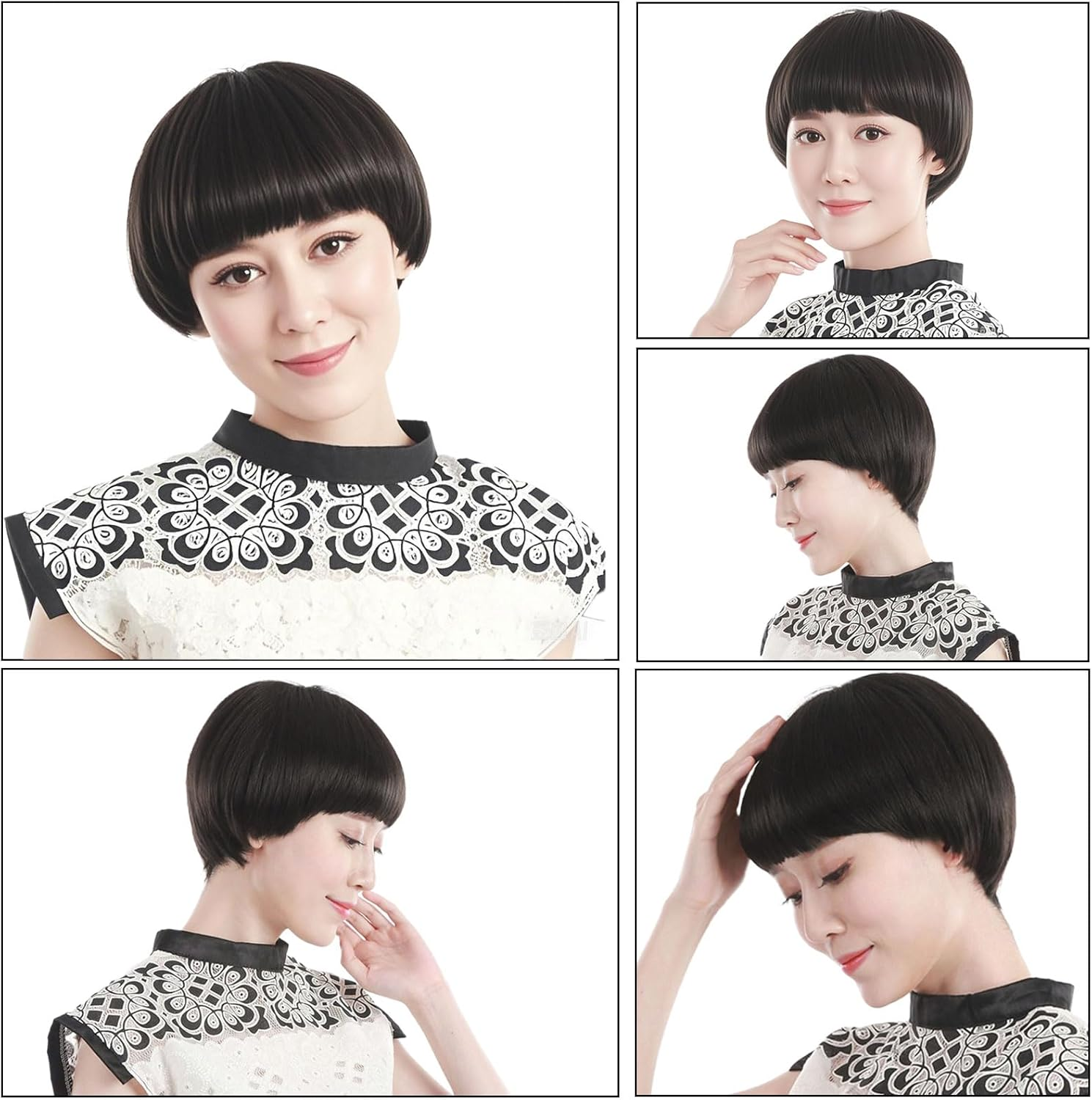 FOUNSHO Short Black Straight Wig for Men Women, Short Mushroom Wig with Full Bang Funny Bowl Cut Hairstyle, Men'S 60S 70S 80S Hair Costume Movie Role Play Fancy Dress Cosplay Party Halloween (Black) image number 6