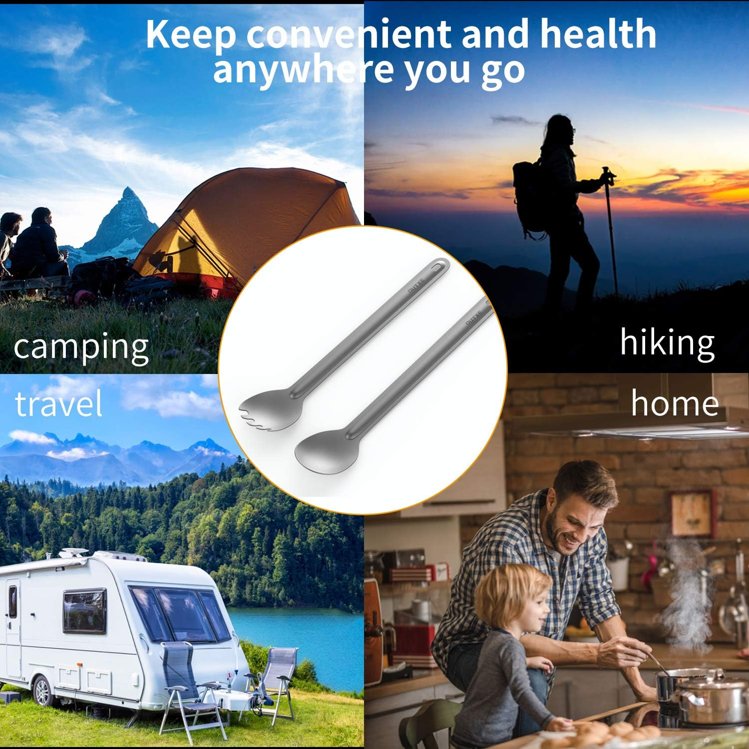 OUTXE Titanium Long Handle Spork and Spoon, 8.7" Soup Spoon, Camping Spork and Spoon, Eco-Friendly Coffee Spoon, Spork and Spoon Set image number 3