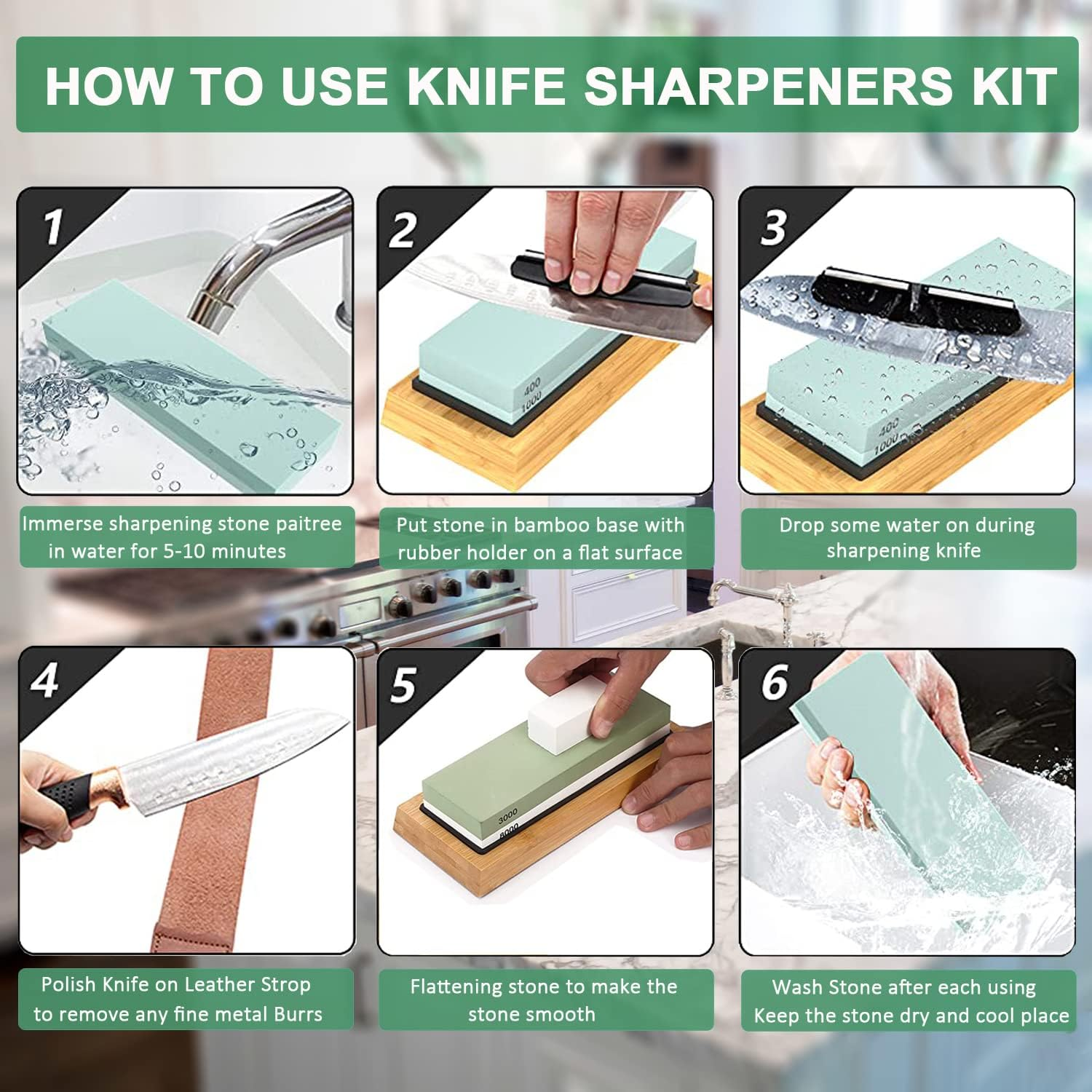 Wucgea Knife Sharpening Stone Kit - 400/1000 3000/8000 Grit Japanese Whetstone Sharpener Set with Non-Slip Rubber Base Angle Guide Flattening Stone and Leather Strop&hellip;