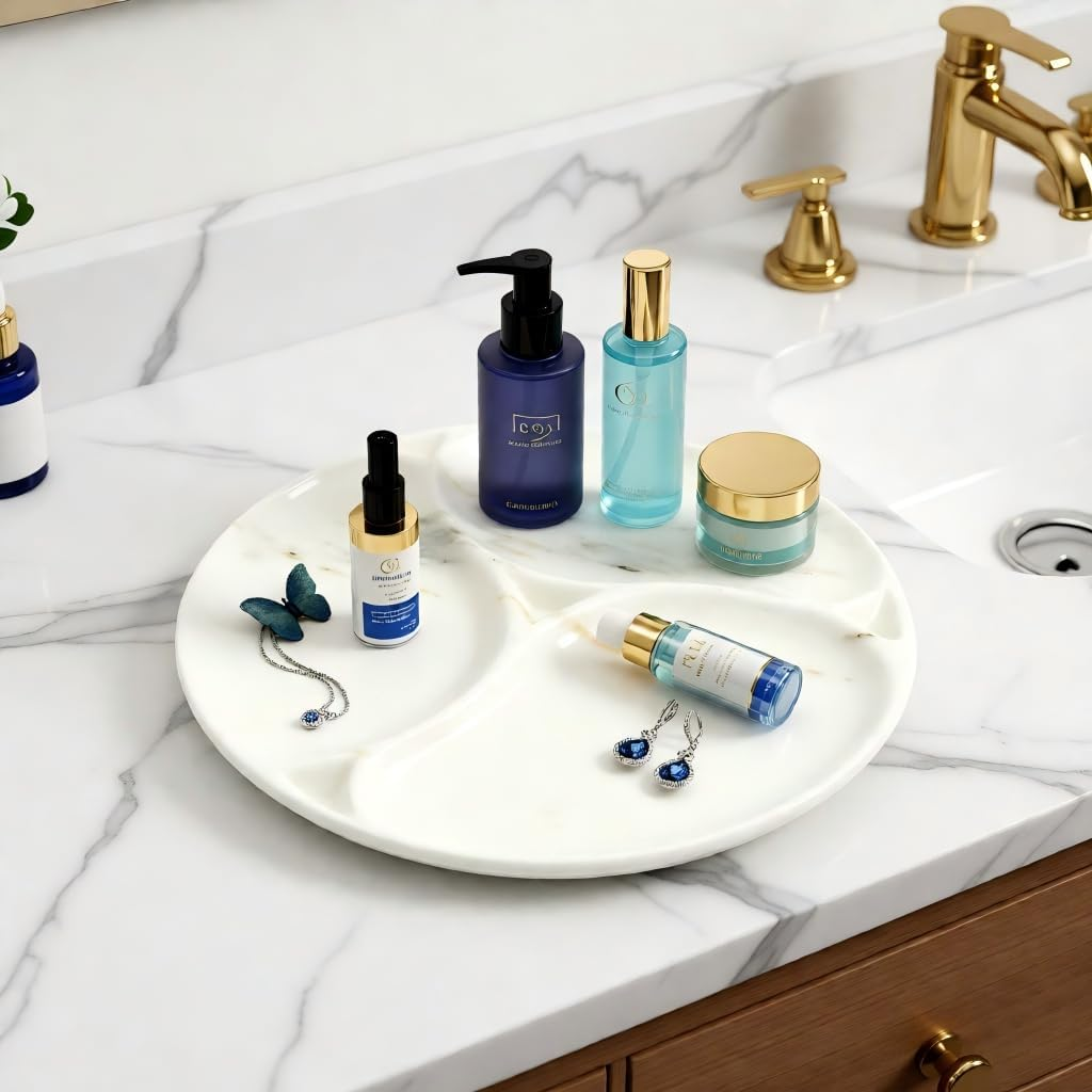 Marmor 100% Natural Marble Bathroom Tray for Perfume, Candles, Jewelry Stone Vanity, Bathroom & Kitchen Counter Organizer and Home Decor (Calacatta Gold Marble Grid Plate) - Calacatta Gold Marble Butterfly Grid Plate image number 6