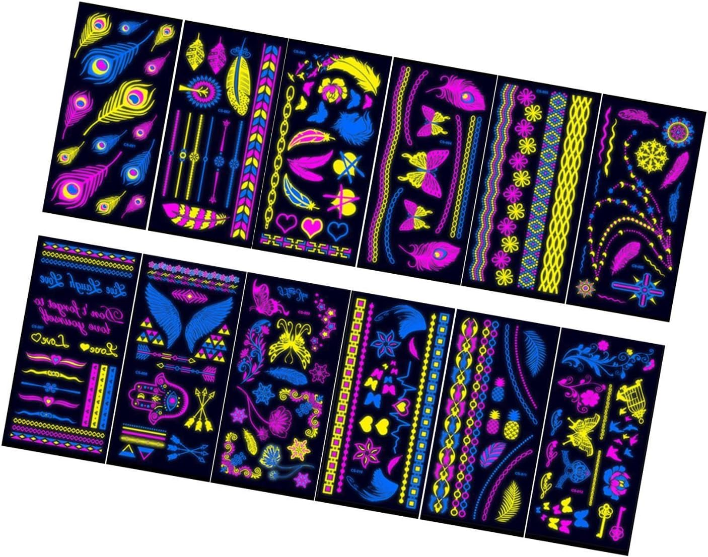 12 Pieces Glow in the Dark Tattoos, Reactive Luminous Gifts, Temporary Tattoos for Raves, Style A