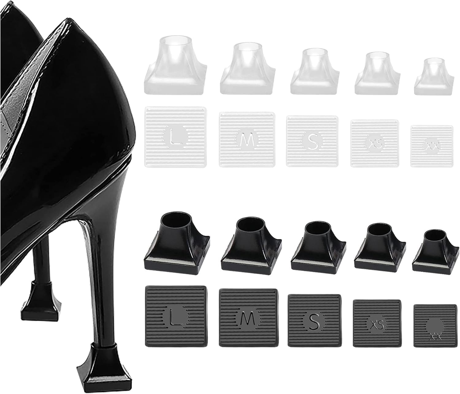 10 Pairs High Heel Protectors, 5 Sizes Heel Repair Caps Covers & Stoppers Heel Cover,Noise Reducing Non-Slip Caps for Weddings Races Formal Occasions and Events, Black,Clear