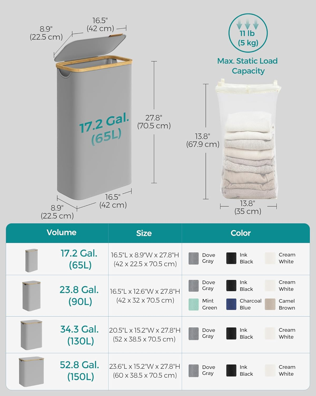 SONGMICS Laundry Hamper with Lid, Slim Laundry Basket, 17.2 Gallons (65L), Space-Saving, Removable Mesh Liner, Bamboo Handles, Collapsible, 16.5 X 8.9 X 27.8 Inches, Dove Gray ULCB506G01 image number 3