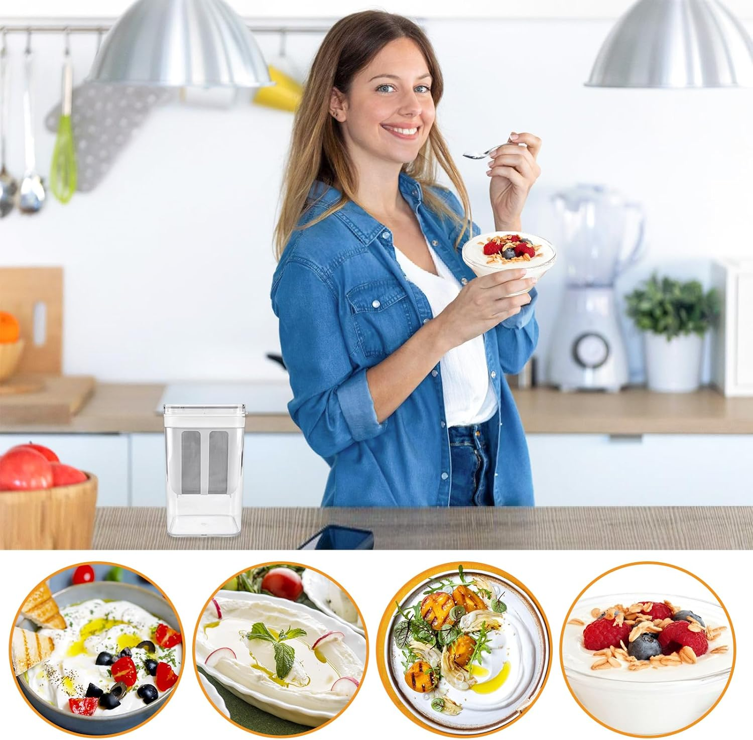 Cream Cheese Maker, Yoghurt Sieve with Lid, Washable Whey Separator, Reusable Fine Filter Sieve, 1100 Ml Fine Mesh Yoghurt Strainer, Yoghurt Maker for Milk, Juice, Kitchen Accessories image number 1