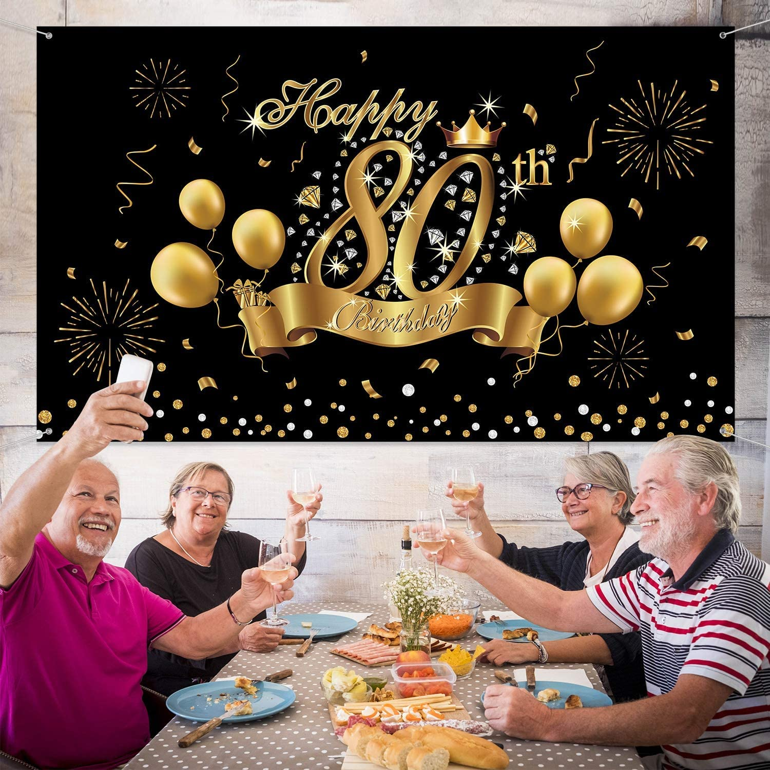 Happy 80Th Birthday Decoration Banner Backdrop Party Decoration, Black Gold 80 Birthday Banner Sign Poster for 80Th Anniversary Photo Booth Props Background Birthday Party Supplies, 72.8 X 43.3 Inch image number 1