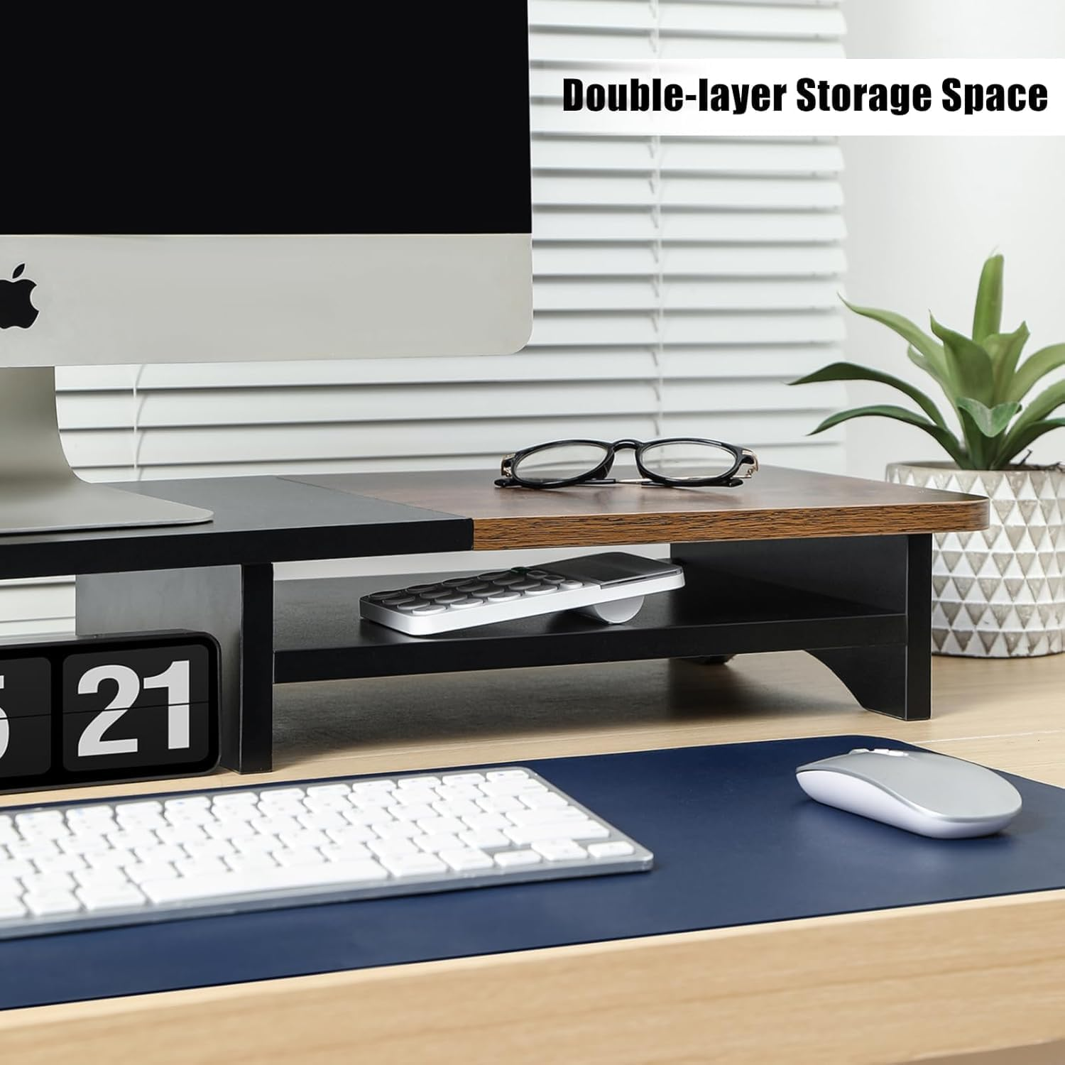 Monitor Stand with Drawer, Dual Monitor Stand Riser for Desk, Wooden Computer Monitor Stand & Desktop Shelf, Home Office Desk Accessories, 39.3"X10.6"X4.3" (Brown & Black) image number 6