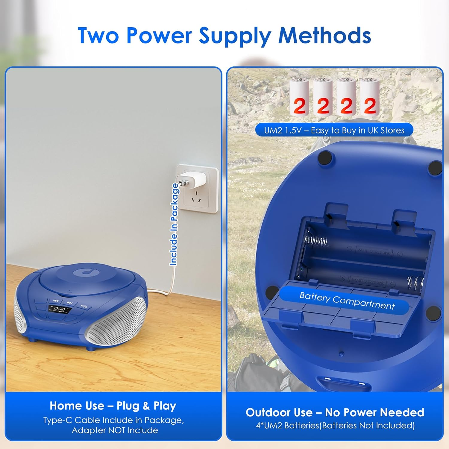 Gueray CD Player Boombox Stereo Sound Speaker with Bluetooth AM/FM Radio USB MP3 Playback 3.5Mm AUX Input Headphone Jack LCD Display(Blue+Silver) - Blue+Silver image number 4