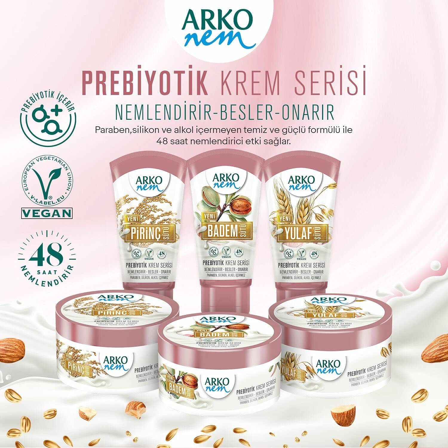 Arko Nem Prebiotic Vegan Face Body Skin Cream 250 Ml Free from Paraben Silicone Alcohol Moisturising up to 48 Hours Day Cream for Women Children Men (Almond Milk) image number 3