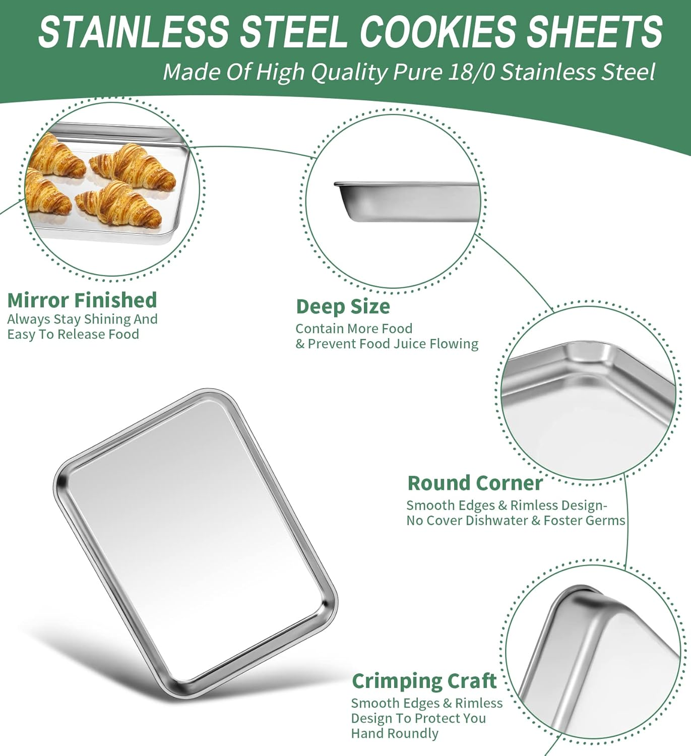 Baking Sheets Set of 2, HKJ Chef Cookie Sheets 2 Pieces & Stainless Steel Baking Pans & Toaster Oven Tray Pans, Rectangle Size 9L X 7W X 1H Inch & Non Toxic & Healthy & Easy Clean image number 6