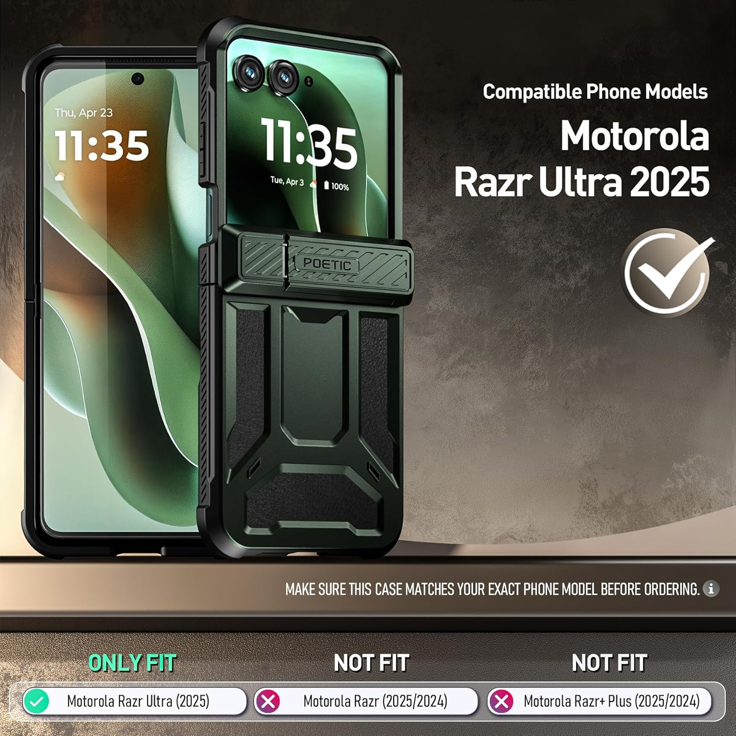 Poetic Spartan Case for Motorola Moto Razr Ultra 2025,[Kickstand][Hinge Protection][20Ft Mil-Grade Drop Tested], Full-Body Rugged Shockproof Protective Cover with Kickstand, Metallic Green image number 3