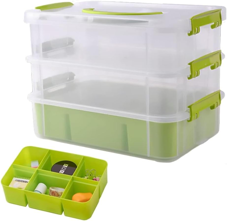 AIMALL 3-Layer Small Storage Box with 1 Inner Compartment, Green,  & Toy Organizer, Stackable Drawer for Toys and Small Parts, 10.23X6.96X7.48 Inches image number 3