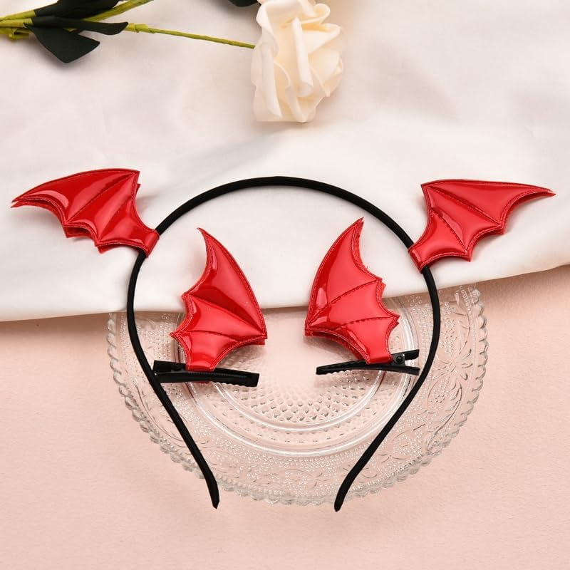 Bat Wings Hair Accessories Halloween Headband for Girls Red Bat Wings Hair Clips for Halloween Cosplay Costume Devil Bat Headbands Headpieces for Bat Barrettes for Women Halloween Party Decorations image number 2