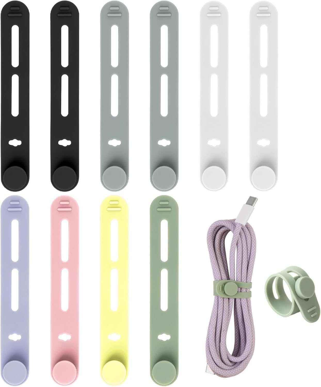 10 Pack Silicone Cable Ties Cord Organizer Strap, Colorful Reusable Wire Wrap Management with Lock Buckle, Elastic Cord Organizer Strap with Wire Clips Labels for Neat Cable Management (7 Color) image number 2