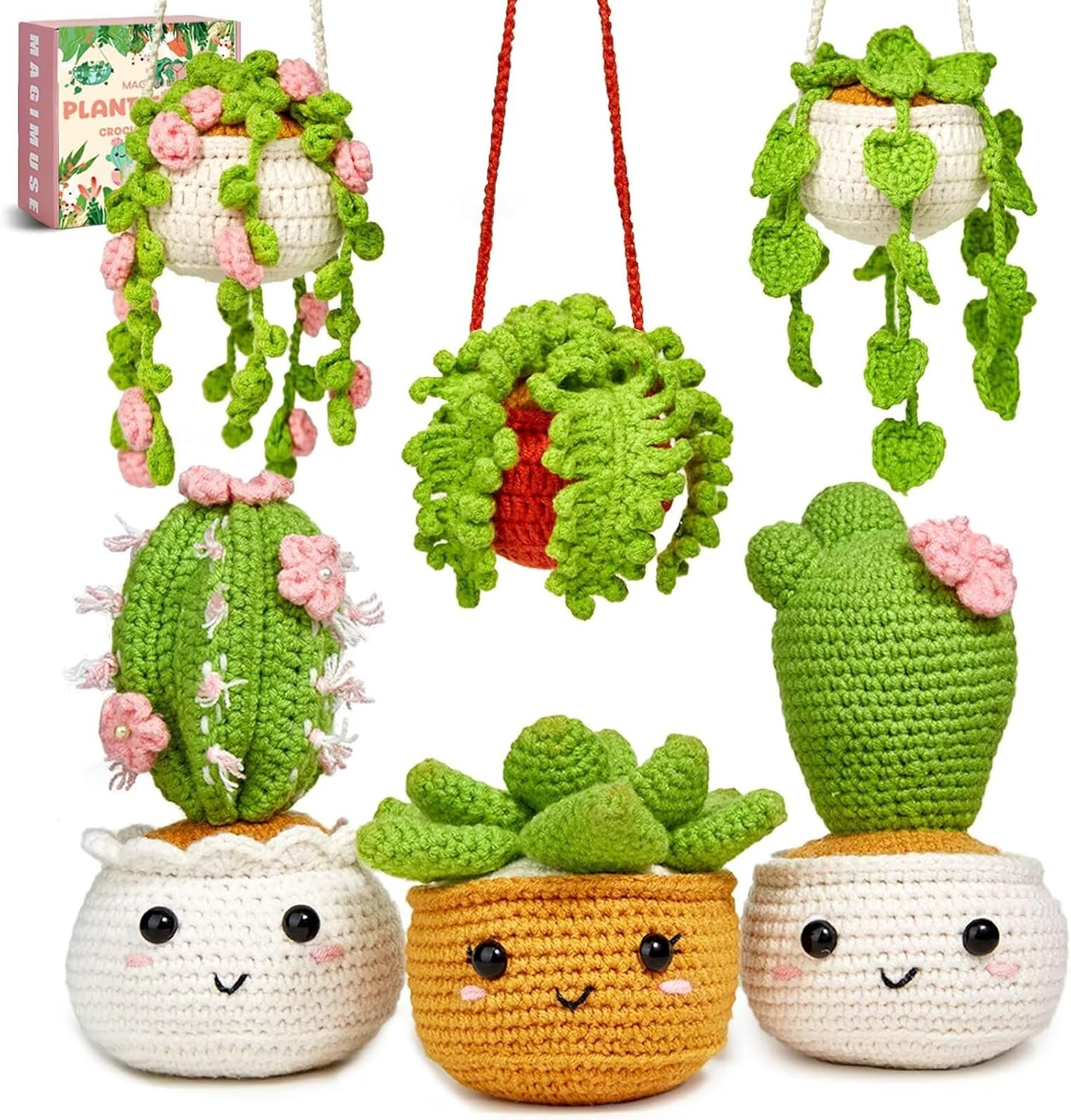 SENIURIS Crochet Kits for Starters, Crochet Beginners Knitting Crochet Kits with 6 Pack Hanging Potted Plants Family.
