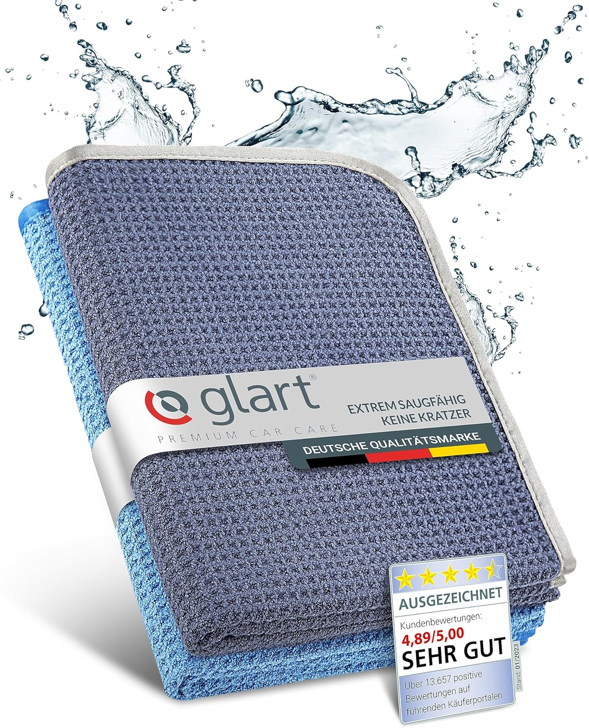 Glart 47TB Set of 2 Car Microfibre Cloths Drying Cloths for Car Care, Car Paint, Motorcycle, Kitchen, Dishes - Waffle - 70 X 40 Cm Blue, Microfibre Cloths Also for Window Cleaners image number 3