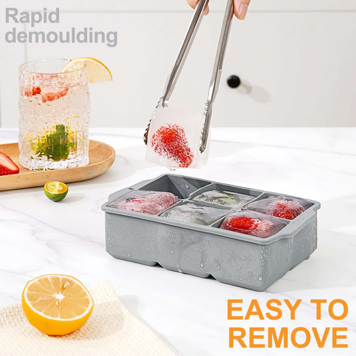 Large Ice Cube Tray with Lid - Stackable Silicone Square Ice Molds for Chilled Treats, No BPA, Ideal for Freezing Soups & Snacks (1, Grey, Square) image number 3