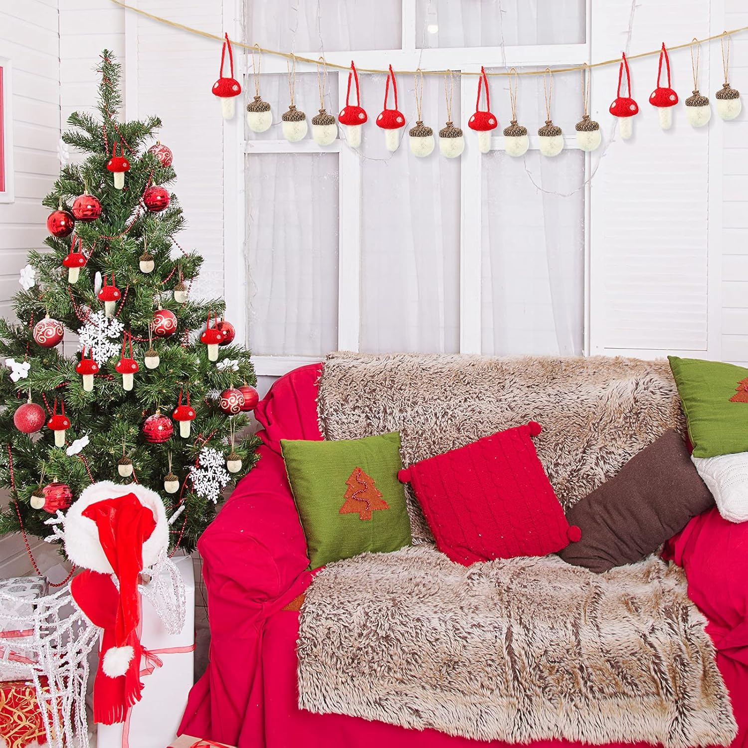 20 Pieces Christmas Felt Acorn Ornaments Wool Felt Acorns Tree Hanging Ornaments with Rope, 10 Pieces Christmas Mushroom Hanging Ornaments for Fall Thanksgiving Christmas Tree Wall Home Decor image number 2