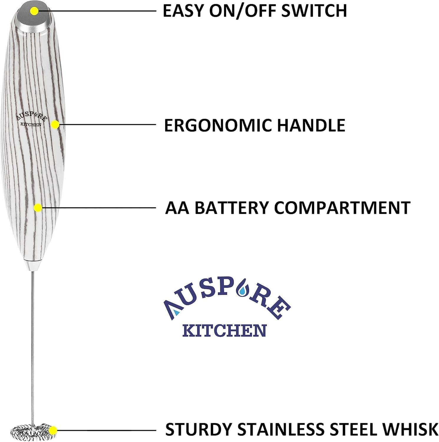 AUSPURE Milk Frother Handheld, Electric Stainless Steel Whisk for Coffee, Latte, Cappuccino, Hot Chocolate, Matcha & Protein Drinks - Battery Operated, White Wood image number 6