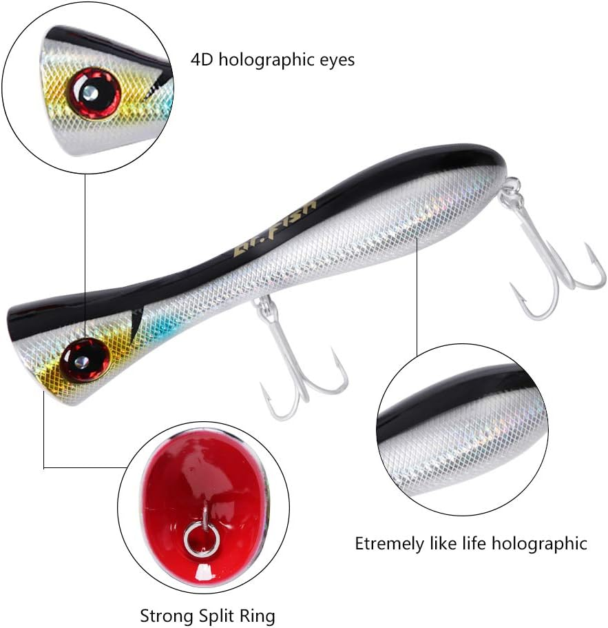 Dr.Fish Saltwater GT Popper 8" Fishing Lures Topwater VMC Treble Hooks Surf Fishing Offshore Big Game Wire through Heavy Duty - Black,Blue image number 4