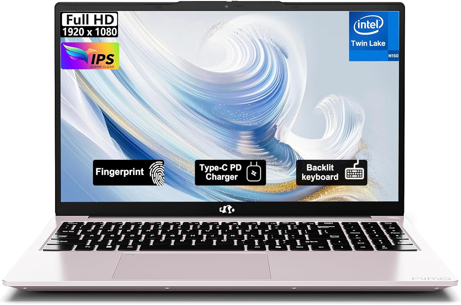 NIMO 15.6" FHD IPS Student-Laptop-Computer - 16GB RAM 1TB SSD, 4 Cores 13Th Gen Intel N150(Beat to I3-1115G4, up to 3.6Ghz), 65W Type-C, Fingerprint, Backlit Keyboard, Wi-Fi 6, BT5.2, Numpad Pink Gold