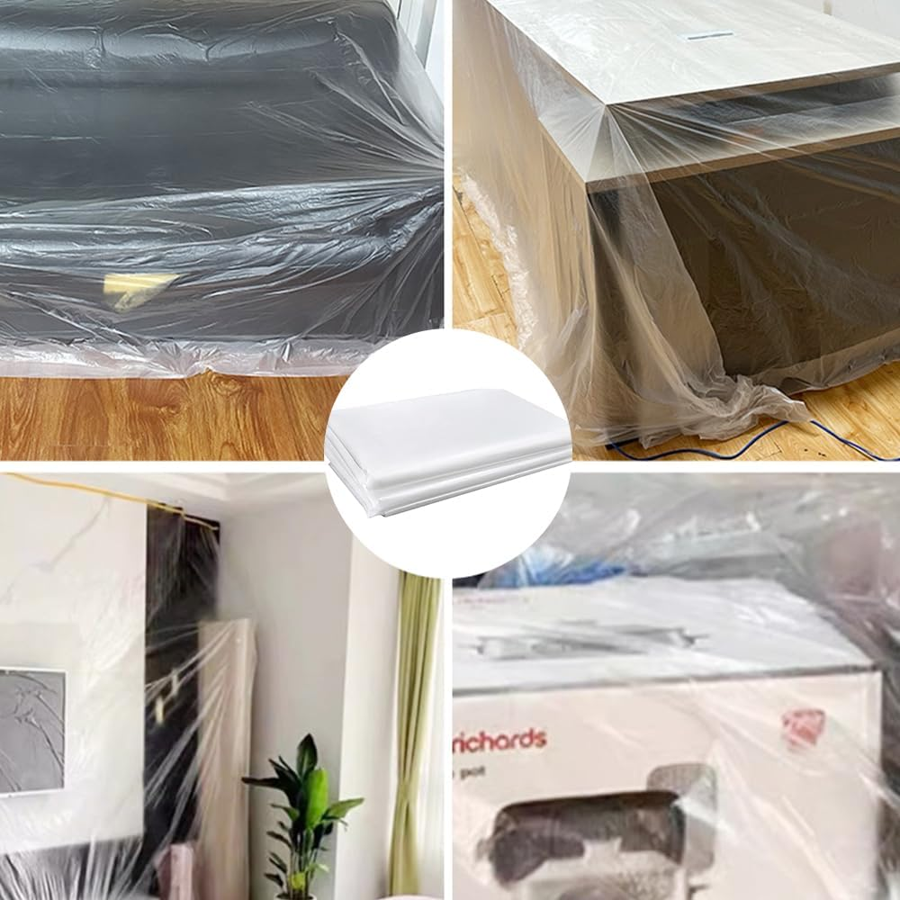 8 Pack 3 X 4 M Extra Large Plastic Drop Cloths for Painting, Plastic Tarp Sheeting for Painting Furniture Floor Protector, Furniture Protection Dust, Paint Covering for Floor image number 2