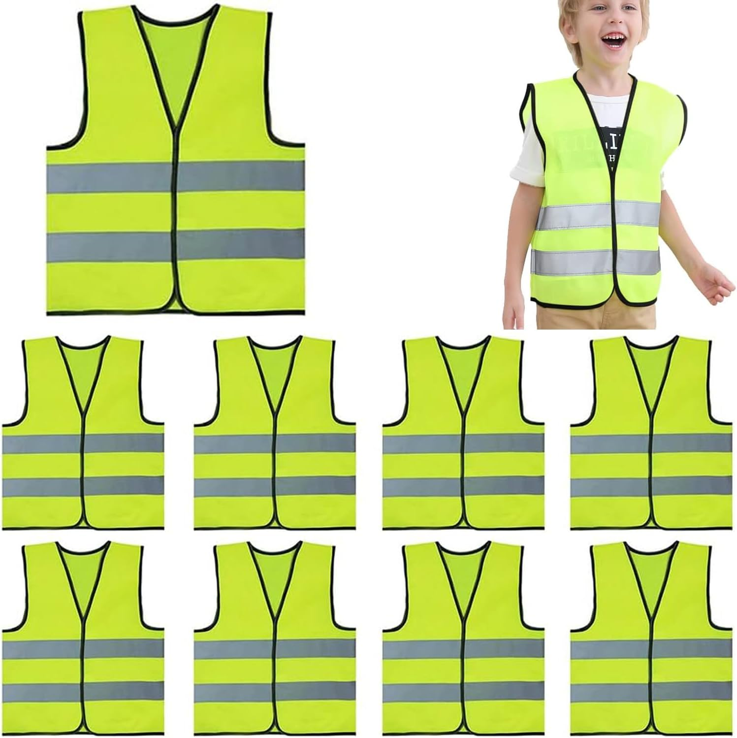 10 Pack Kids Safety Vests with Zipper - Yellow Reflective High Visibility, Hi Vis Silver Strip, Traffic, Cycling, Runner, Surveyor, Volunteer for Aged 4-12 image number 5