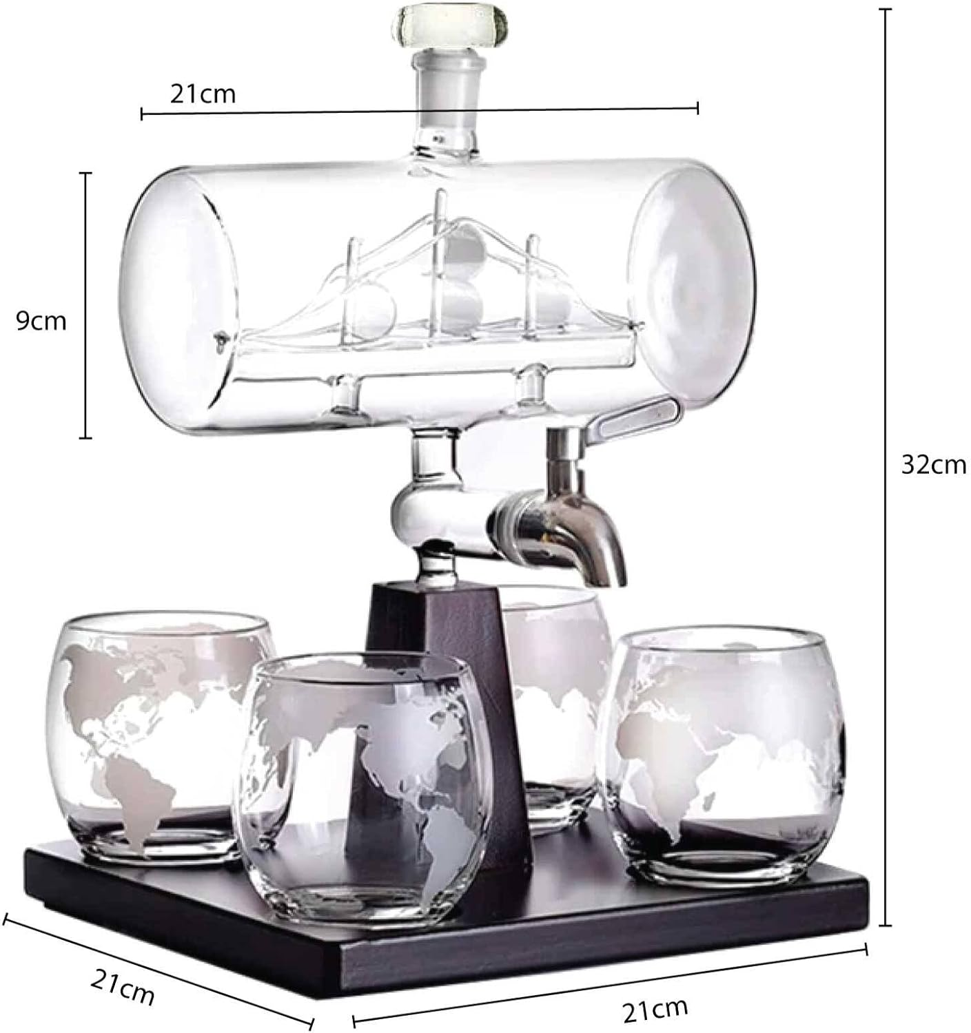 1L Whiskey or Wine Sailboat Glass Decanter Set - 4X Globe Glasses + Wooden Stand