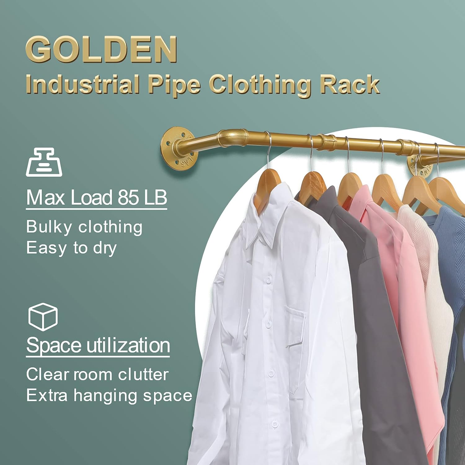 Industrial Gold Pipe Clothing Rack, Wall Ceiling Mounted Clothes Garment Rack 30'', Iron Golden Pipe Clothes Hanging Bar, Heavy Duty Metal Rod for Retail Display Closet Storage image number 5