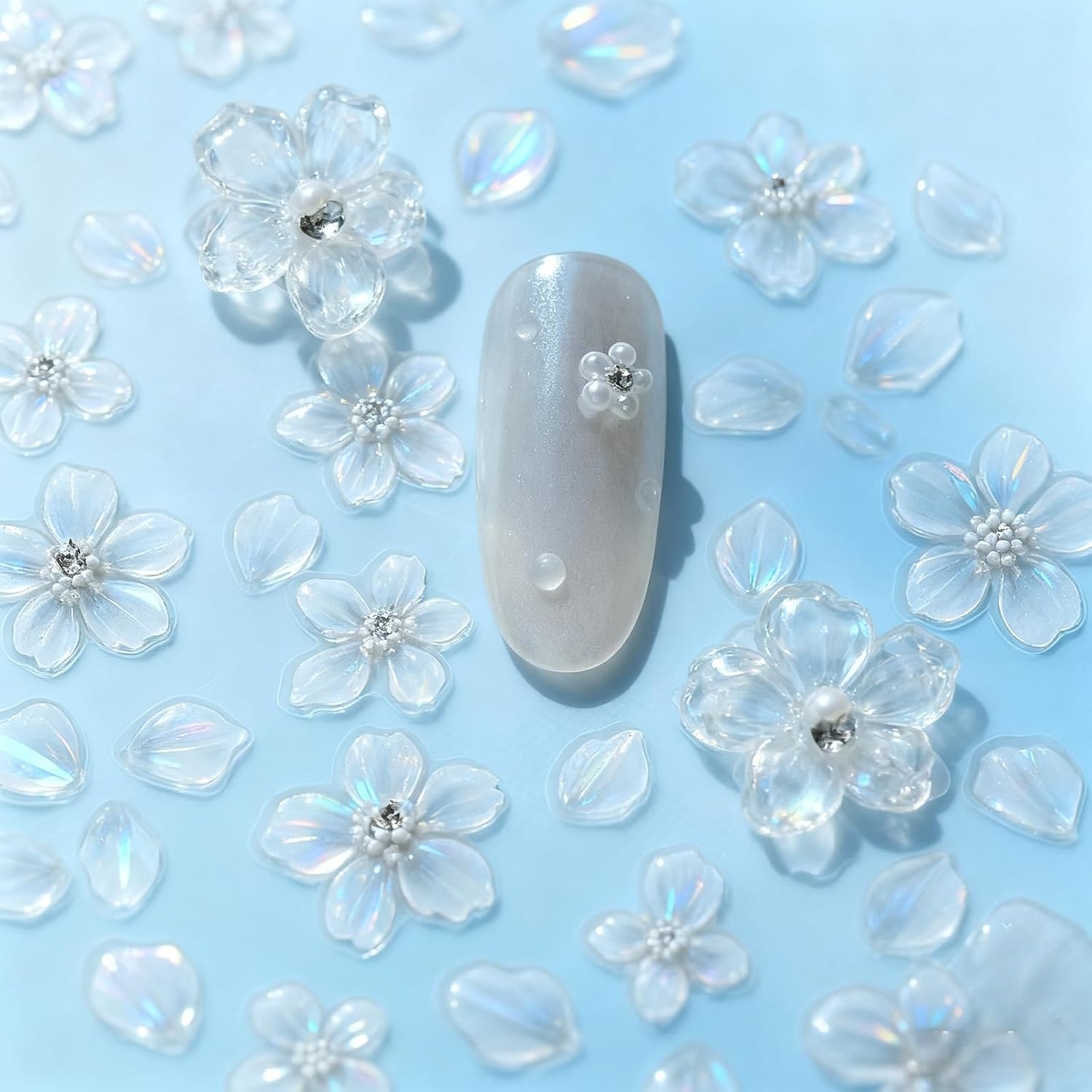 Surnavik Flower Nail Stickers for Women Girls - 5D Embossed White Flower Nail Art Supplies for Spring Summer（White&Yellow） (White) image number 4