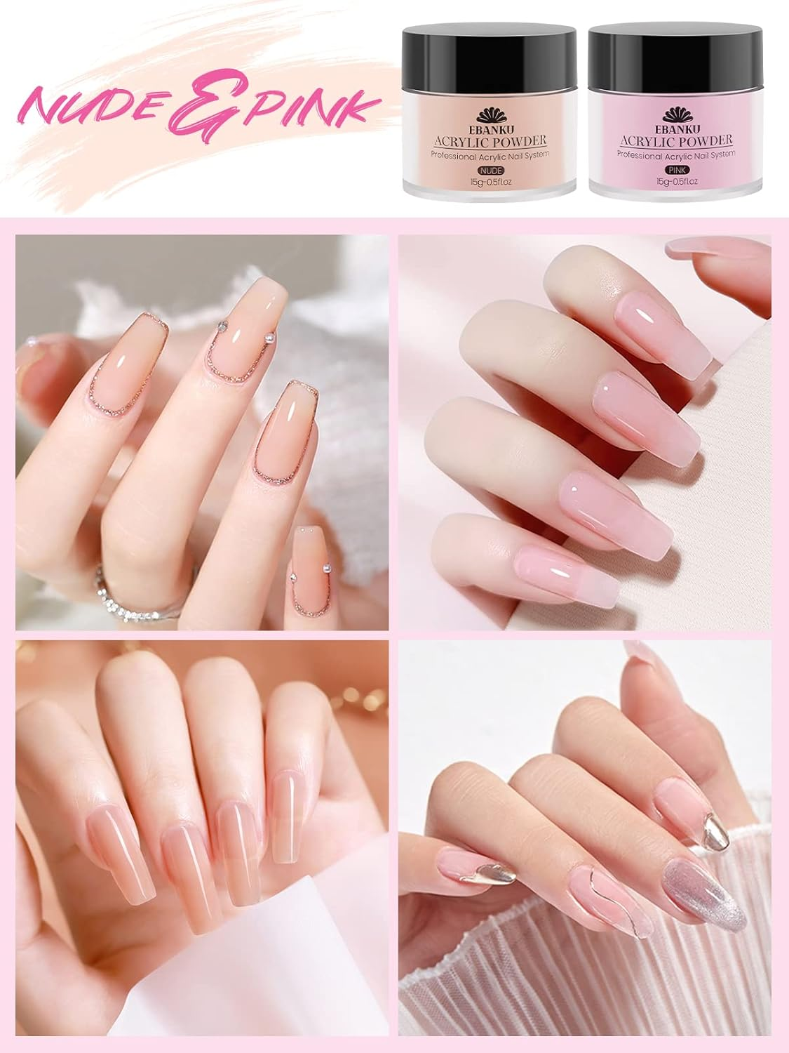 EBANKU Acrylic Powder Set, 4 Colors Acrylic Nail Powder Professional Acrylic Powder for Nail Acrylic Extension, Nail Carving, Long-Lasting, No Nail Lamp Needed image number 4