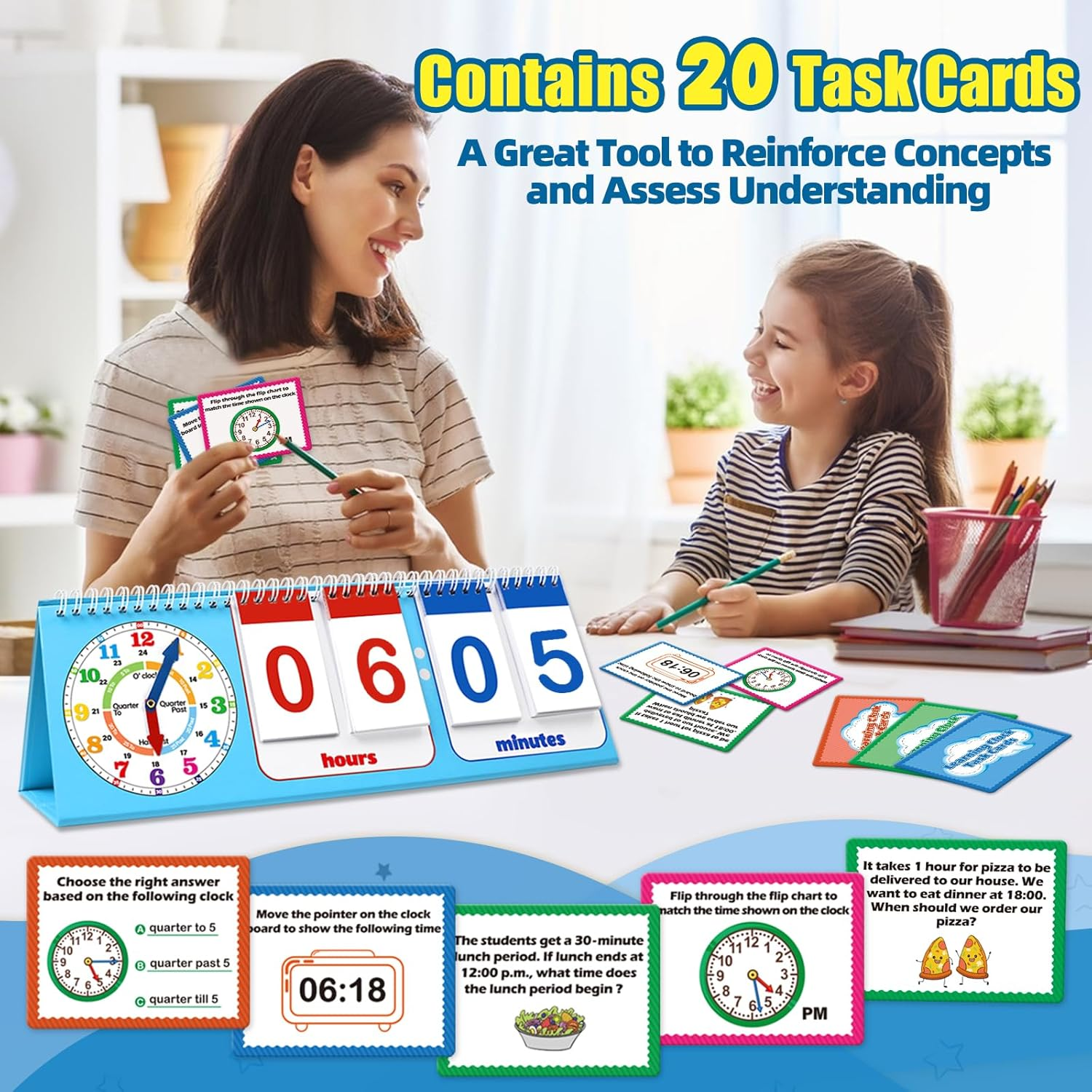 Torlam Learning Clock Flip Chart Colorful Analog & Digital Telling Time Teaching Clock for Kids, Math Manipulatives 1St 2Nd Grade Homeschool Supplies Kindergarten Preschool Learning Activities Games image number 3