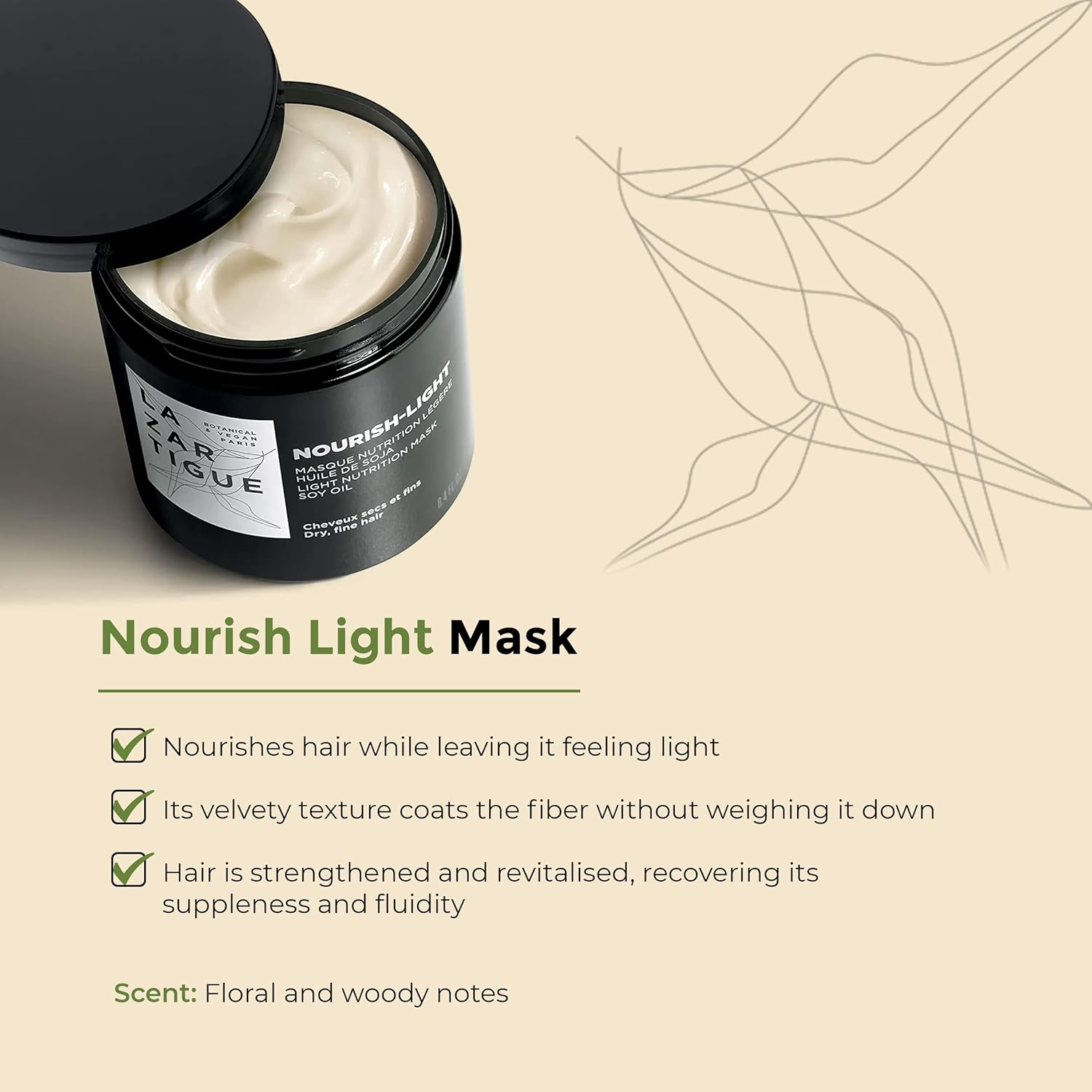 Lazartigue Nourish-Light Mask, Enhanced with the Richness of Soybean Oil, Strengthens Hair Fibers, Softens and Moisturizes Hair, 8.4 Fl Oz, Vegan, (10L01119B) image number 1