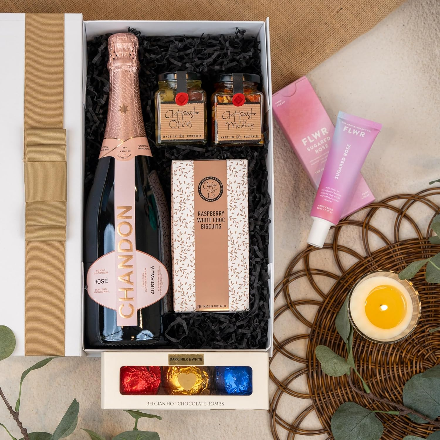 Chandon Ros&eacute; Deluxe Celebration Hamper - Gourmet Delights & Exquisite Chandon Ros&eacute; NV for Special Occasions - Indulge in Luxury with Antipasto, Olives, Raspberry White Chocolate Biscuits, & Belgian Chocolates