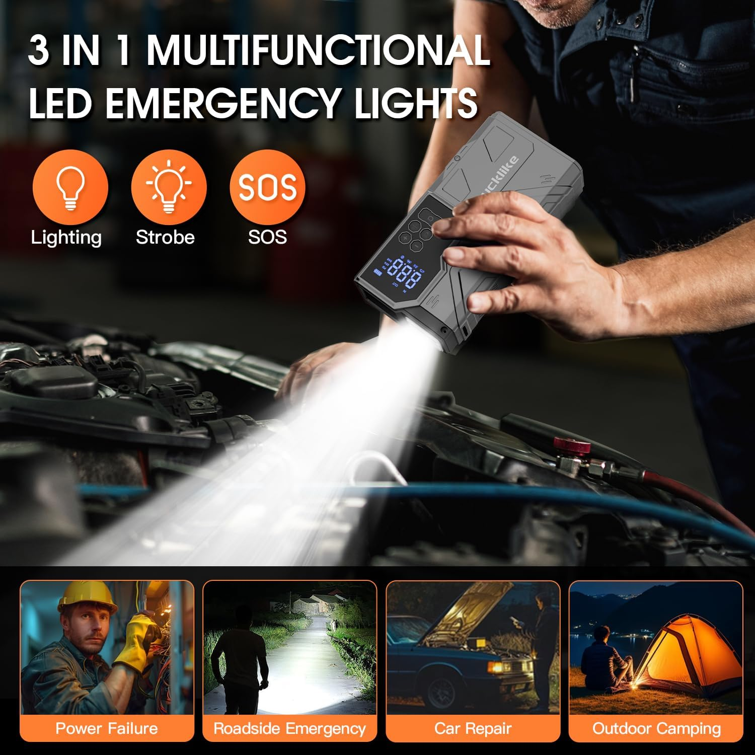 Lucklike Jump Starter with Air Compressor, 4000A 150PSI Portable Car Battery Jumper Starter Pack for 10L Gas and 8L Diesel, Tire Inflator with Presssure Detection, 12V Jump Box with Flashlight (Gray)