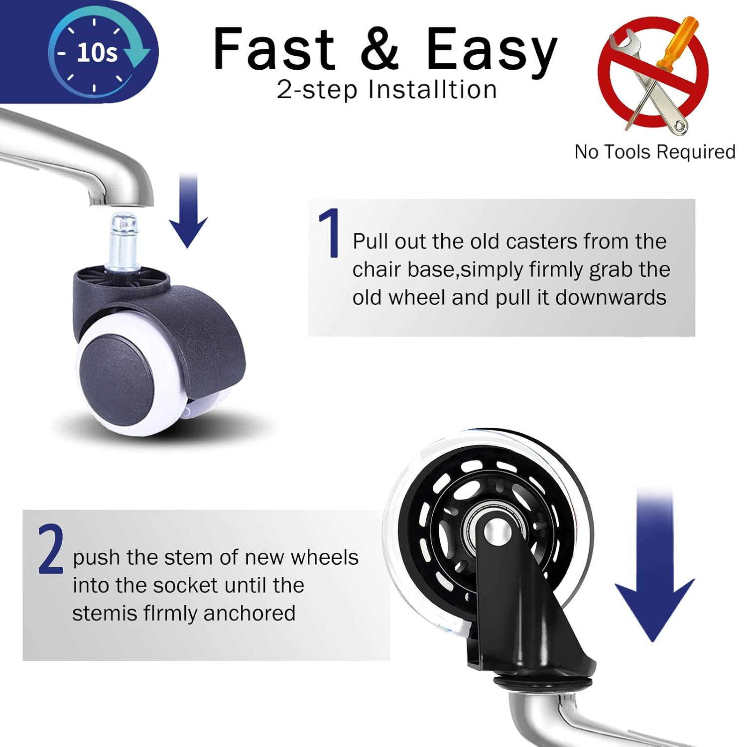 Office Chair Wheels for IKEA Chairs ,10Mm Stem (Set of 5), 3" Heavy Duty Replacement Swivel Rubber Casters Quiet & Smooth Rolling for Ikea Chair Casters, Protection for Hardwood Floors or Carpet.