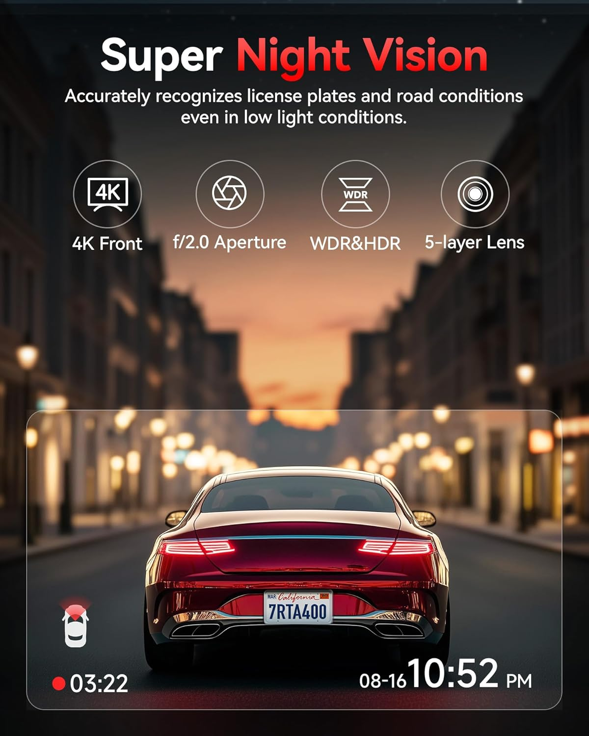 REDTIGER A4 Dash Cam Front and Rear Built-In 5Ghz Wifi, 4K+1080P Dual Dash Camera for Cars with 64GB Card, 2.2" Touch Screen Dashcam, Voice Control, 24H Parking Mode, Night Vision, Support Max 256GB image number 2