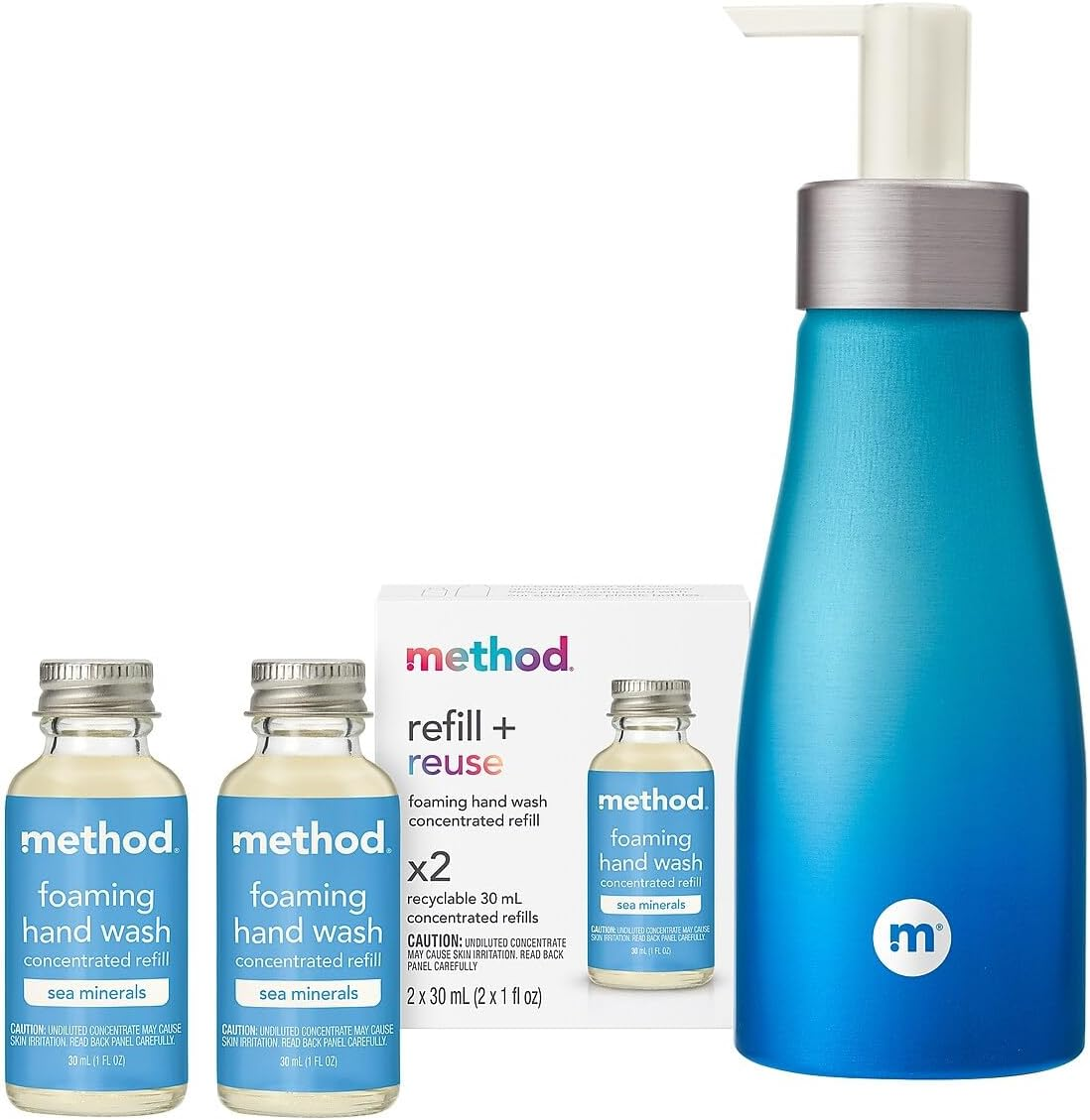 Method Foaming Hand Wash Concentrates Starter Kit, Sea Minerals, 1 Reusable 10 Fl Oz Bottle and 2 Recyclable 1 Fl Oz Refills image number 1