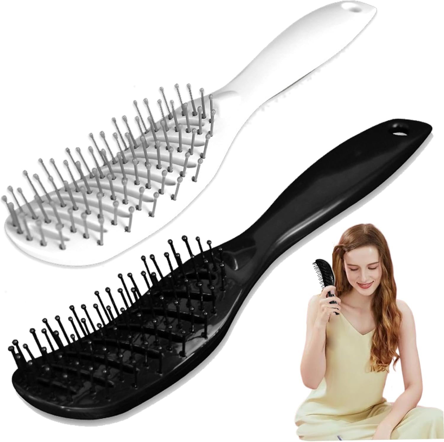 Curved Vented Styling Hair Brush, 2Pcs Curve Vented Brush Faster Blow Drying Brush,Detangling Nylon Bristle Brushes,Detangling Nylon Boar Bristle Brushes Curved Vented Detangle Hair Brush