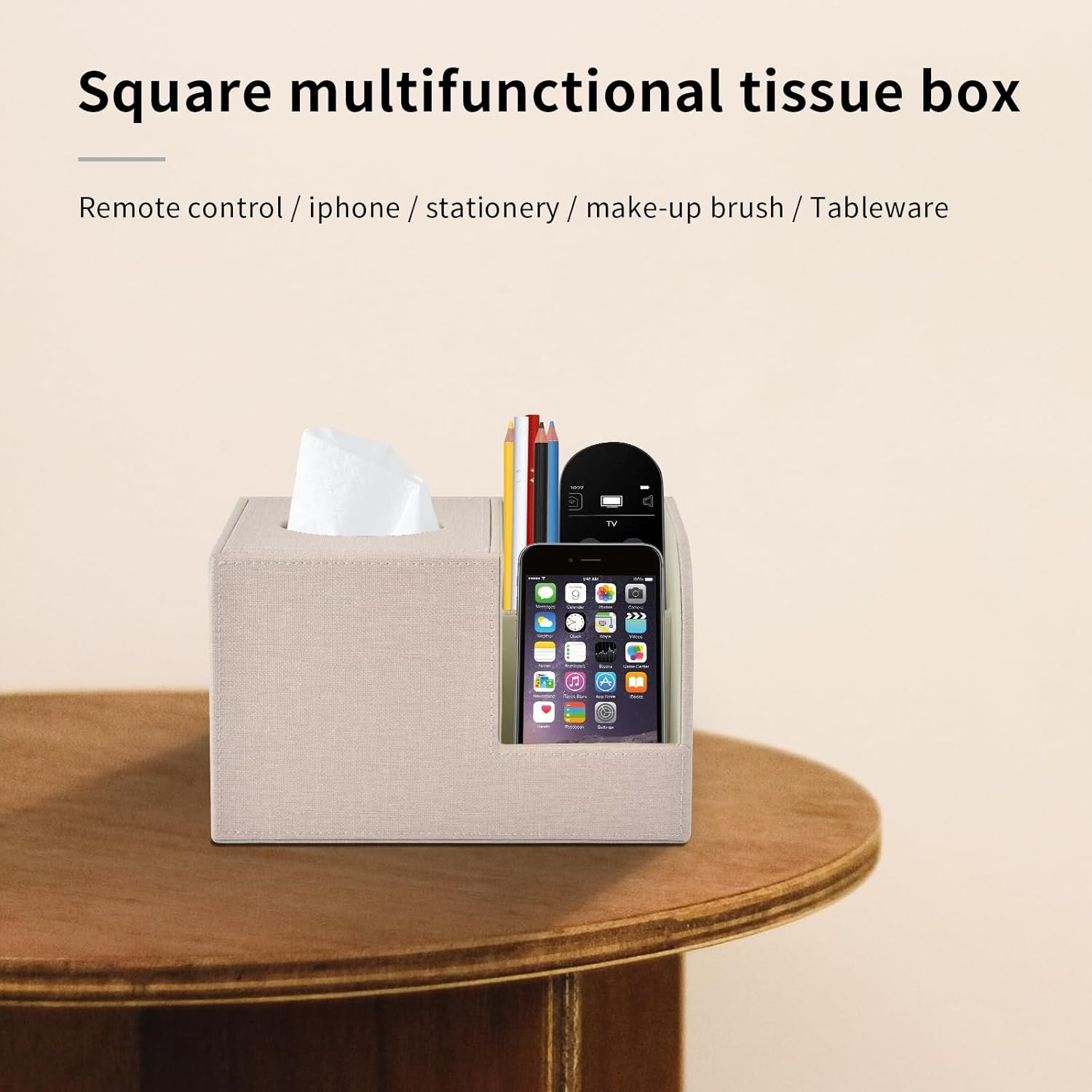 XNONE PU Leather Square Tissue Box Cover,Multifunctional Tissue Box Holder,Tissue Box with Storage,Tissue and Remote Control Holder,Tissue Box Decorative Desk Organizer for Home&Office,Beige - Black image number 5